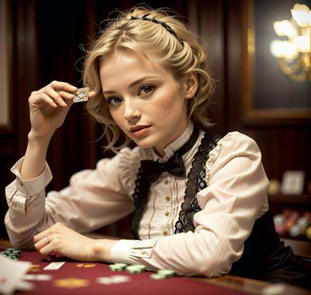 a sexy white woman playing poker at a table with with seedy gamblers 1890_dr3ss on Tensor.Art