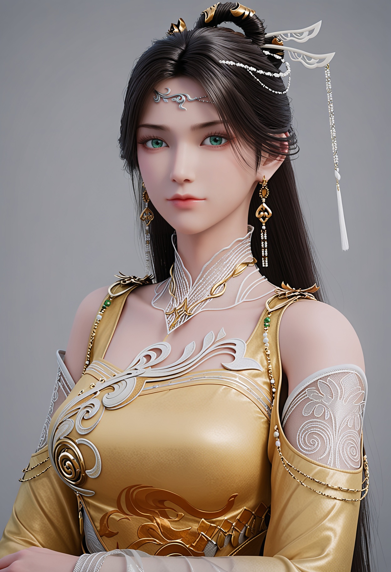 score_9,high detail,best quality,cinematic lighting,volumetric lighting,shiny skin,shiny,1girl,solo,green_eyes,breasts,white_background,jewelry,earrings,dress,realistic,hair ornament,black hair,long hair,yellow dress,closed mouth,simple background,bare shoulders,chinese clothes,long sleeves,detached sleeves,shoulder cutout,looking_at_viewer,upper_body,<lora:QQSponyjinpingerV1:0.8>,<lora:Pony_DetailV2.0:0.8>,<lora:皮肤凹痕:0.1>,