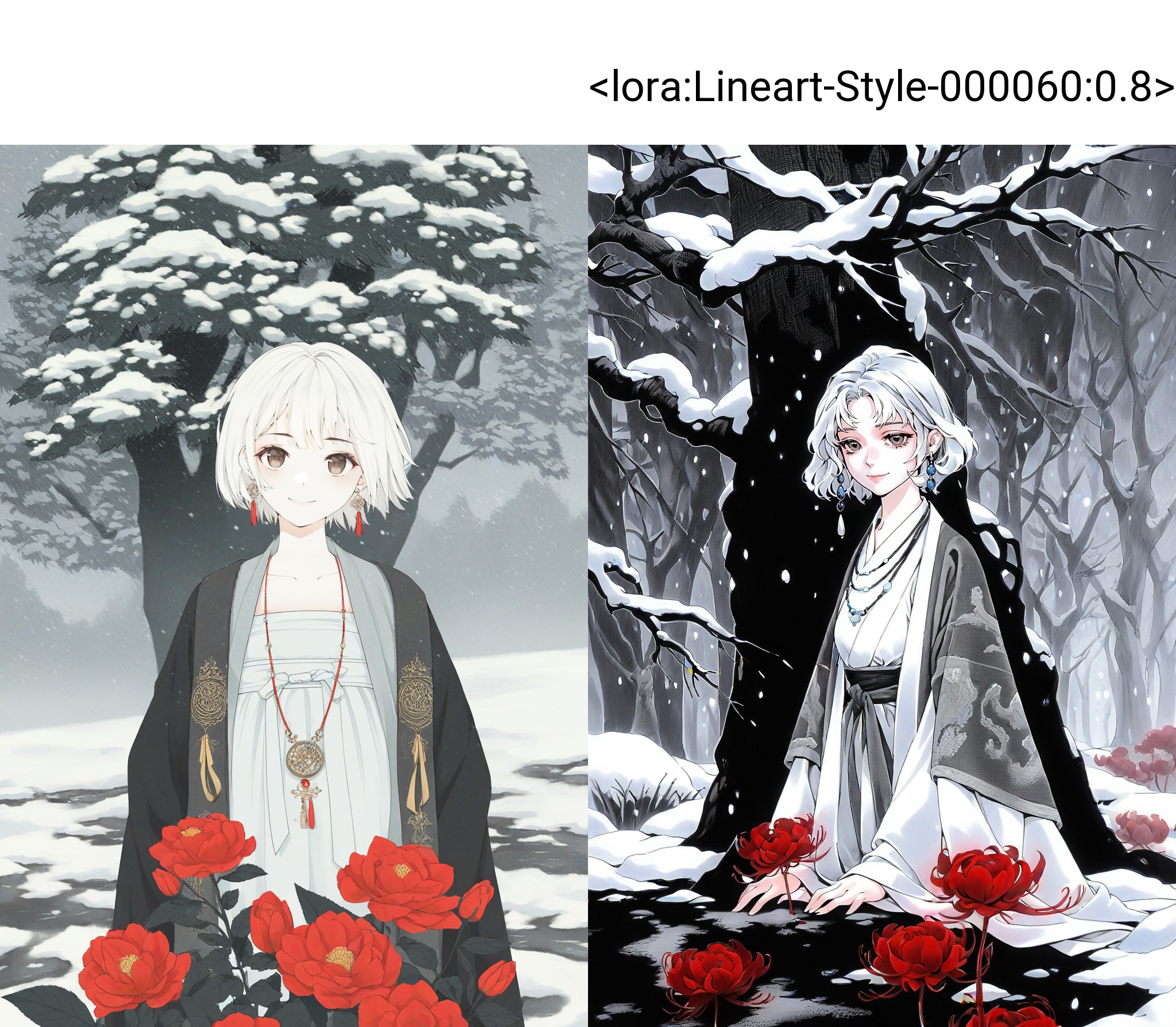 highres,absurdres,Visual impact,masterpiece,best quality,very aesthetic,amazing quality,newest,lineart,traditional media,greyscale,\\//,masterpiece,best quality,high quality,(colorful),in the snow,1girl,solo,smile,short hair,white hair,brown eyes,jewelry,emotionless,hanfu,chinese_clothes,necklace,snow,snowing,oil-paper,(white theme),(black theme),ink,tree,(red flowers),onnk,