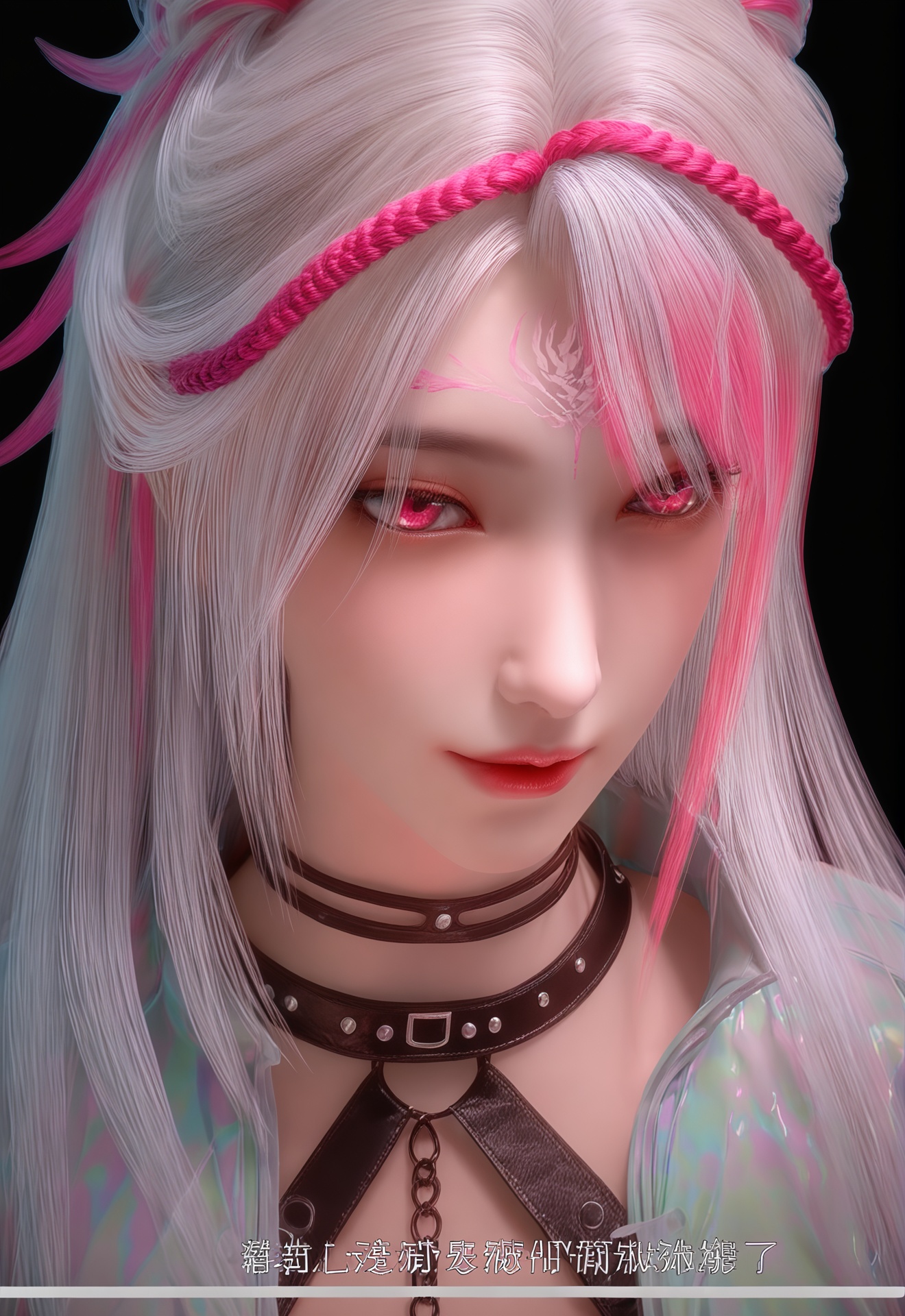 score_9,1girl,solo,pink hair,black background,multicolored hair,white hair,pink eyes,long hair,simple background,looking at viewer,portrait,facial mark,red lips,closed mouth,forehead mark,choker,lips,makeup,realistic,bangs,<lora:南小橙8轮:1>,