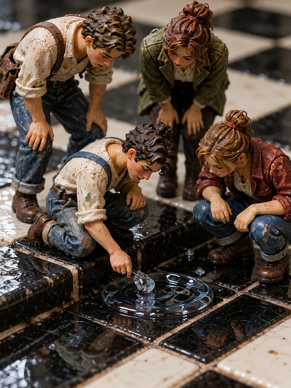 macro photograph of tiny hand-painted sculpted human figurines,  photographed as a physical miniature diorama with tactile...