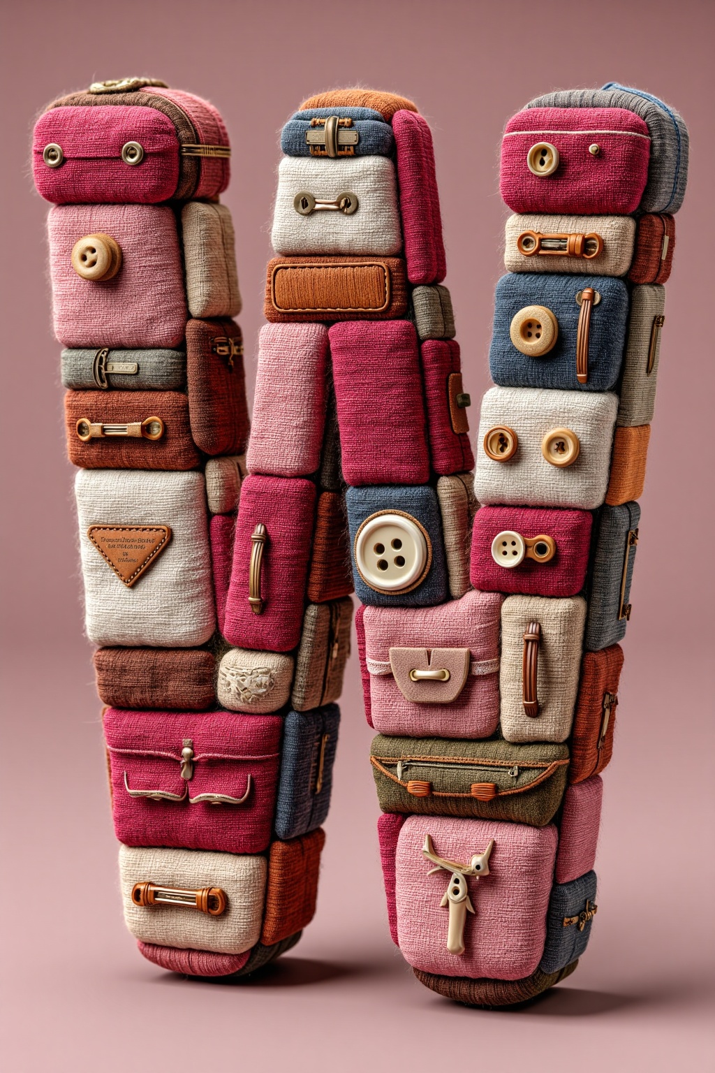 beijihui,The image depicts a creative and artistic representation of the letter "W" **** entirely out of various fabric and textile materials. The "W" is constructed using different textures and colors,including shades of pink,red,beige,and brown. Each segment of the "W" is meticulously crafted to resemble different objects such as buttons,fabric patches,and possibly small suitcases or bags. The "W" stands upright against a solid pink background,giving it a clean and modern look. The materials used for the "W" are diverse,with some parts resembling leather or suede,while others appear to be woven or knitted fabrics. The overall design is whimsical and visually striking,blending elements of fashion and craft.,
