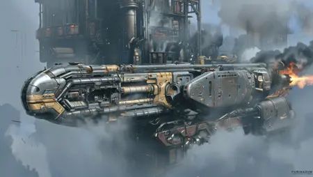 Yurimazum art style.Futuristic,  industrial sci-fi vessel dominates frame. Dark metallic hull with subtle gold accents; we...