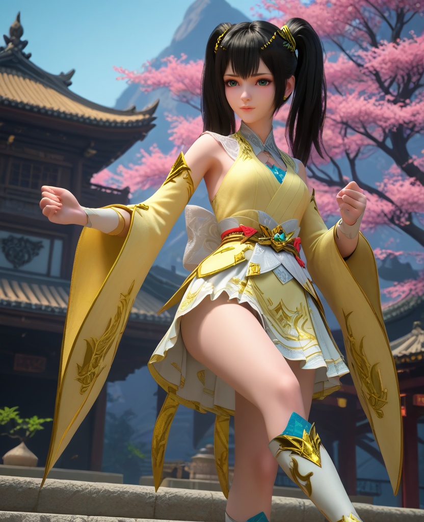 (oriental architecture, elegant decor, sophisticated style:1.1),Balancing on a narrow ledge or wall, looking fearless and adventurous,,(breasts:1.2),<lora:XL16大主宰叶笋儿:0.95>,preteen girl,yellow camisole,green eyes,black hair,twintails,hair ornament,wide flowing sleeves,white pleated skirt,white boots,, zPDXL2, score_9, score_8_up, score_7_up BREAK realistic, masterpiece,best quality, highly detailed,, zPDXL3, zPDXL2,zPDXL, zPDXLxxx, zPDXLrl,