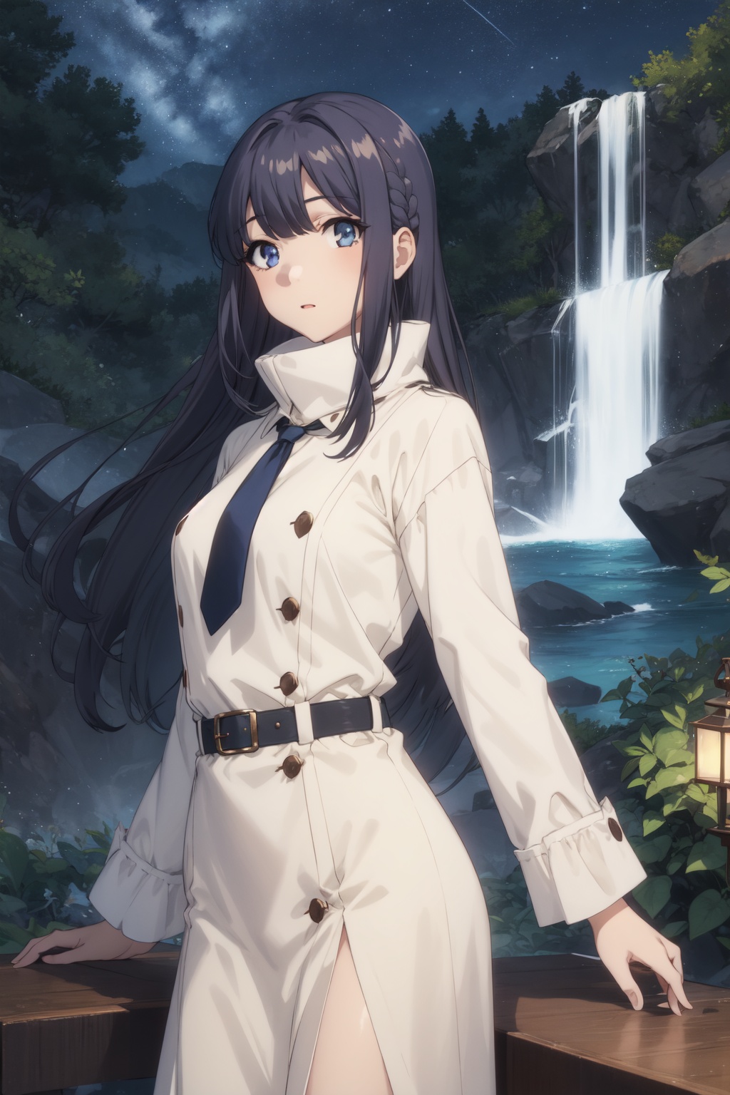 <lora:Shoko-000014:0.8>,Shoko CYQL,1girl,looking at viewer,solo,black_hair,long_hair,bangs,braid,blue_eyes,Wool-blend wrap coat with a funnel neck and self-tie belt for a sophisticated touch,female_orgasm,panorama,Waterfall, Jungle, Hidden, Serenity, Mist, Trees, Rocks, Discovery,(Lavender rows, Moonlit landscape, Lavender fragrance, Nighttime glow, Midnight stroll, Provencal charm:0.5),beautiful detailed sky,beautiful detailed glow,posing in front of a colorful and dynamic background,masterpiece,best quality,beautiful and aesthetic,contrapposto,female focus,wallpaper,