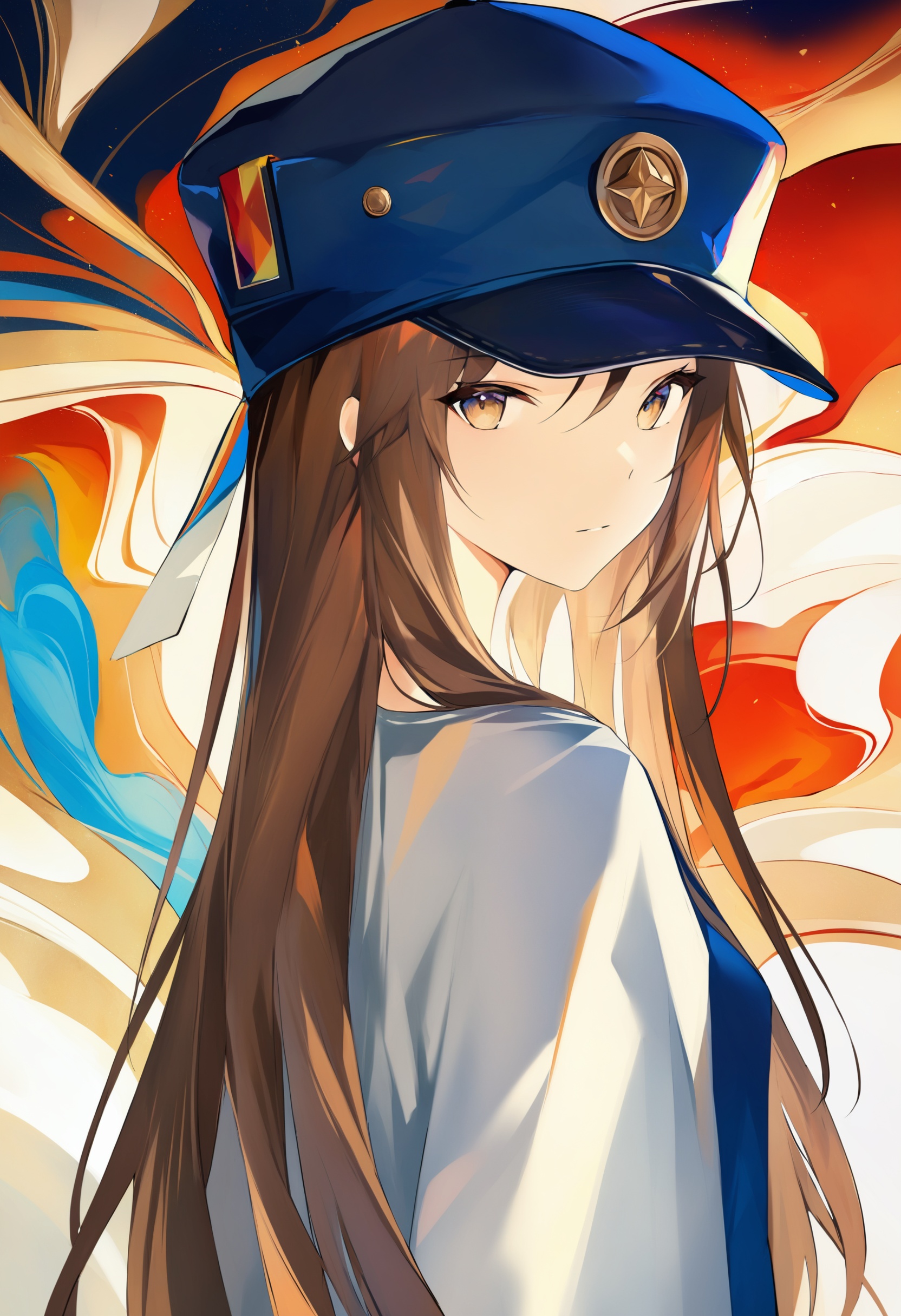 best quality, masterpiece,solo, 1girl, hat, abstract, looking at viewer, long hair ,_背景<lora:lpmyaXLlokr4f-000143:1>
