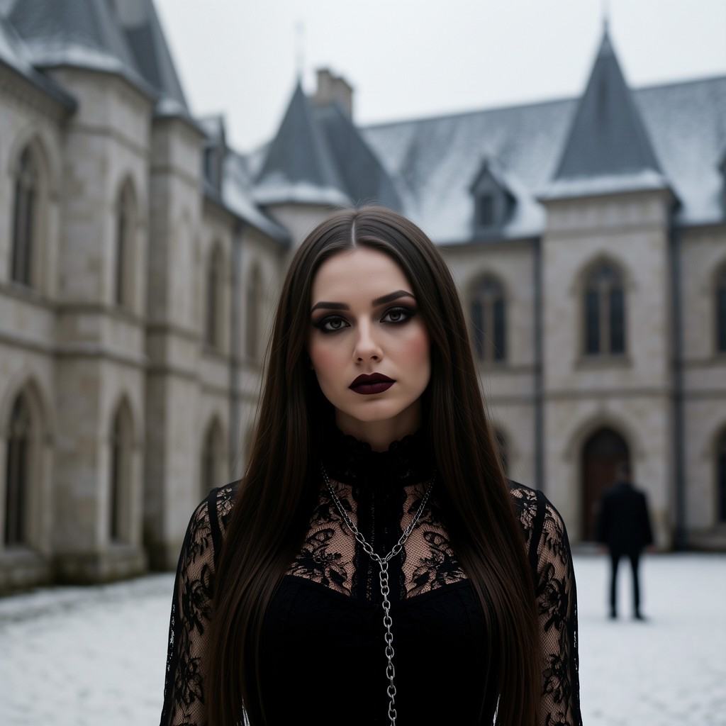 This photograph features a young woman standing in a snowy,  medieval-style courtyard. She has long,  straight on Tensor.Art