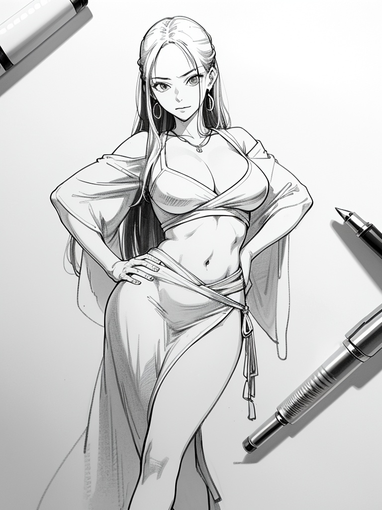 ((Character Sketch XCYP), (Black  and  White Pen  and  Ink Drawing: 2.0), High Abstract, Minimalist Style, Thick Lines, Smooth Lines, Clean, Perfect Composition, High Contrast, Strong Black  and  White Contrast, Masterpiece, Award-Winning Piece, Best Quality, Masterpiece, 8K, High Resolution.)perfect hand."One Piece" [serious: 1girl,boa_hancock,1girl,waistband,hanfu,solo,earrings,large_breasts,looking_at_viewer,standing split,hands on own hips:0.1], masterpiece, best quality, 