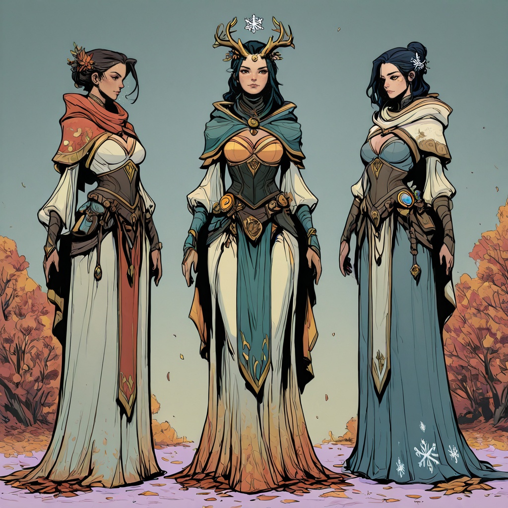 D&D Painterly,  four women representing the seasons,  each dressed in richly detailed garments. They stand intertwined wit...