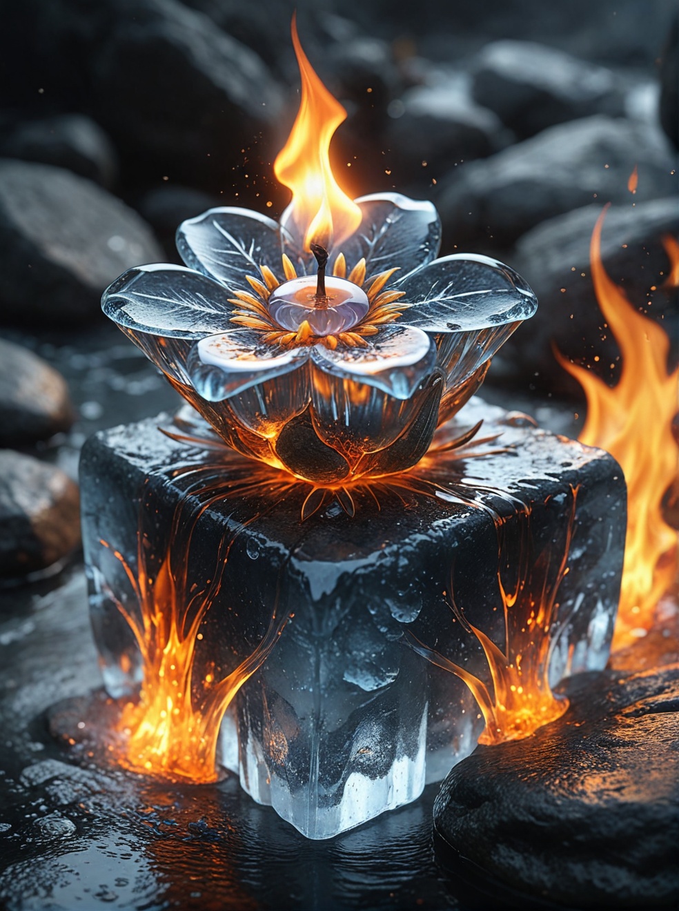 firemode,  ice flower on rock,  ice flower burning in flame on Tensor.Art