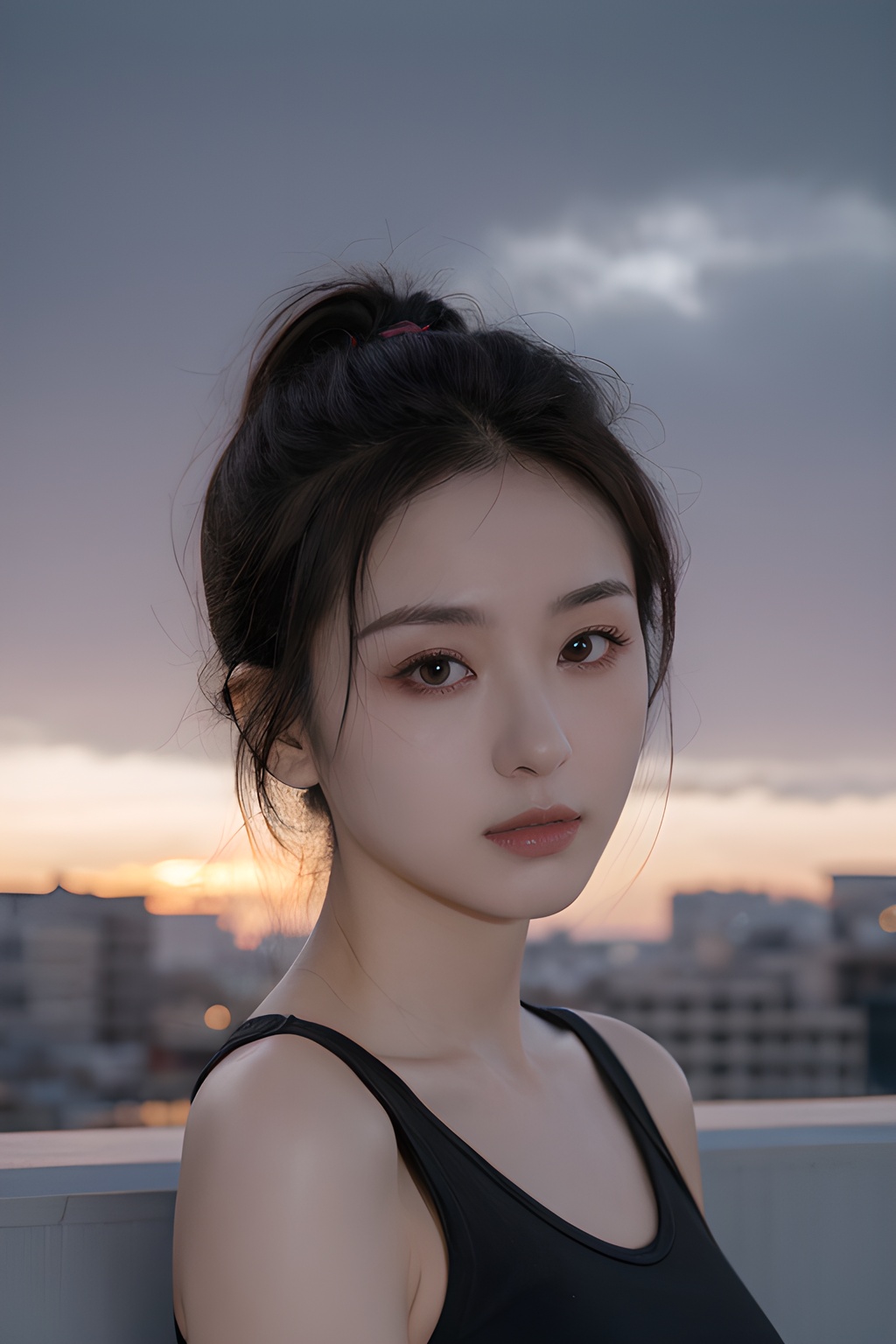 <lora:0814_04:0.7>,Frontal photography,Look front,evening,dark clouds,the setting sun,On the city rooftop,A 20 year old female,Black top,Black Leggings,black hair,long hair, dark theme, muted tones, pastel colors, high contrast, (natural skin texture, A dim light, high clarity) ((sky background))((Facial highlights)),, 1girl,realistic,masterpiece, best quality, photorealistic, HDR,detail