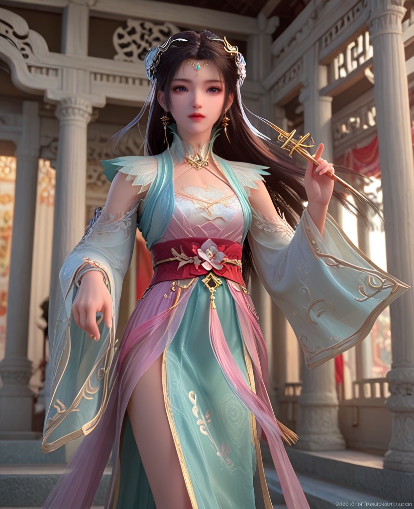 (oriental architecture, elegant decor, sophisticated style:1.1),(Standing, one foot raised, balancing,:1.1),(breasts:1.2),<lora:XL少年白马易文君:0.95>,miss yiwenjun,green dress,corset,pink pelvic curtain,pink fart curtain,red sash,purple eyes,black hair,hair ornament,long hair,jewelry,earrings,hanging hair,, score_9,score_8_up,score_7_up,score_6_up,score_5_up,score_4_up,3d rendering,tag1,tag2, Cinematic Lighting,backlighting,