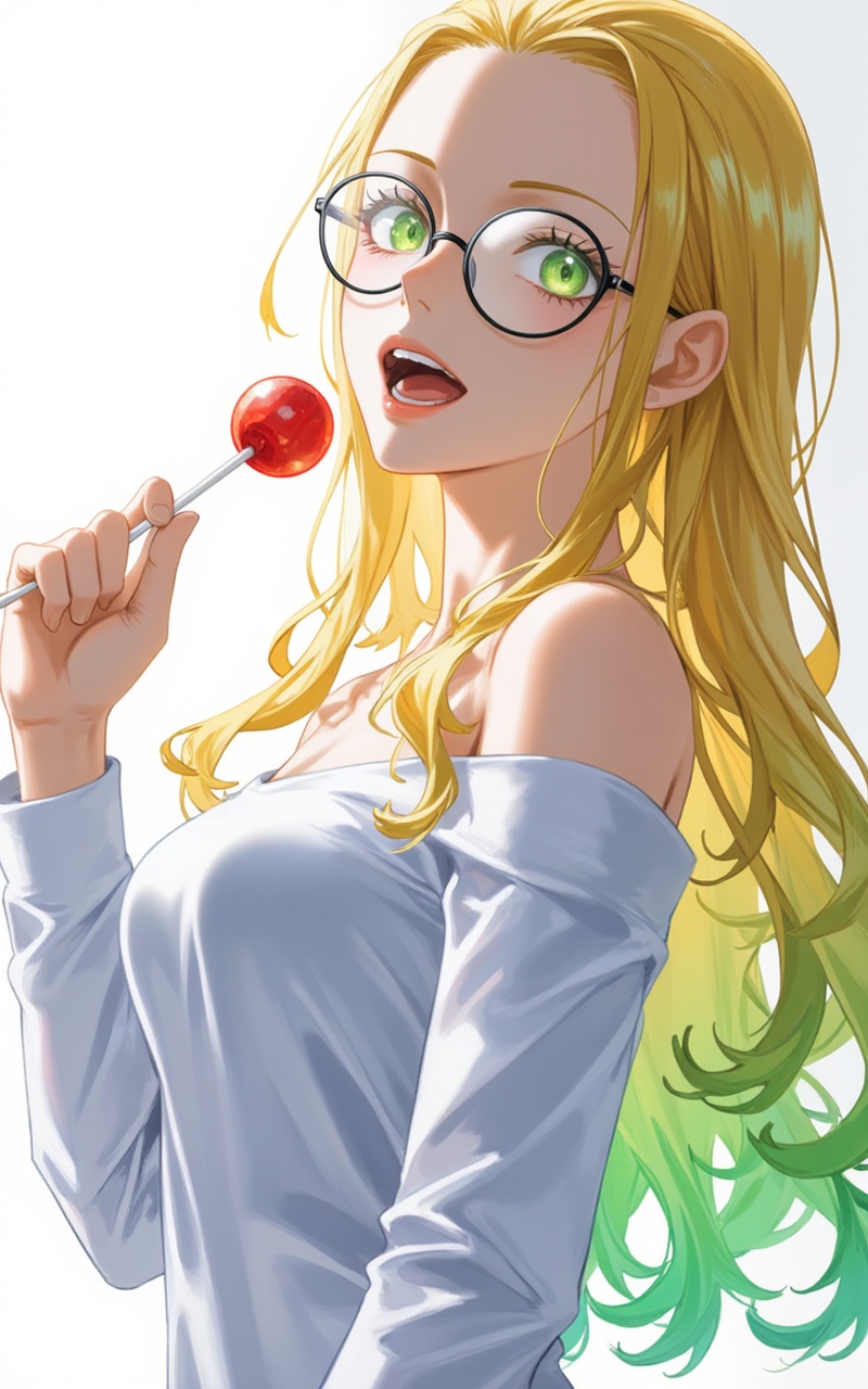 <lora:卡莉法10:0.9> Kalifa one piece,Kalifa\(one piece\),blonde hair,green eyes,glasses, 1girl,lollipop,candy,food,solo,blonde hair,glasses,green eyes,long hair,holding candy,holding,holding lollipop,looking at viewer,open mouth,holding food,off shoulder,bare shoulders,upper body,multicolored hair,from side,long sleeves,shirt,round eyewear,green hair,