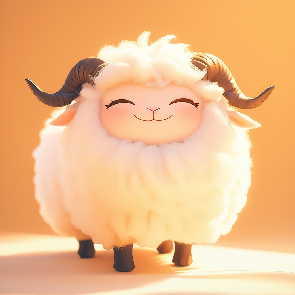 weiyang, sheep, fluffy, cute, mf-movie-filter, warm colors, white fur, whimsy and dramatic lighting, cc-color-correction, ^ ^, soft lighting, sheep horns, :3, sheep focus, sheep ears, no humans, closed eyes, solo, smile, horns, facing viewer, blush, full body, closed mouth, standing, shadow, happy, orange theme<lora:weiyang_xl:0.8>,