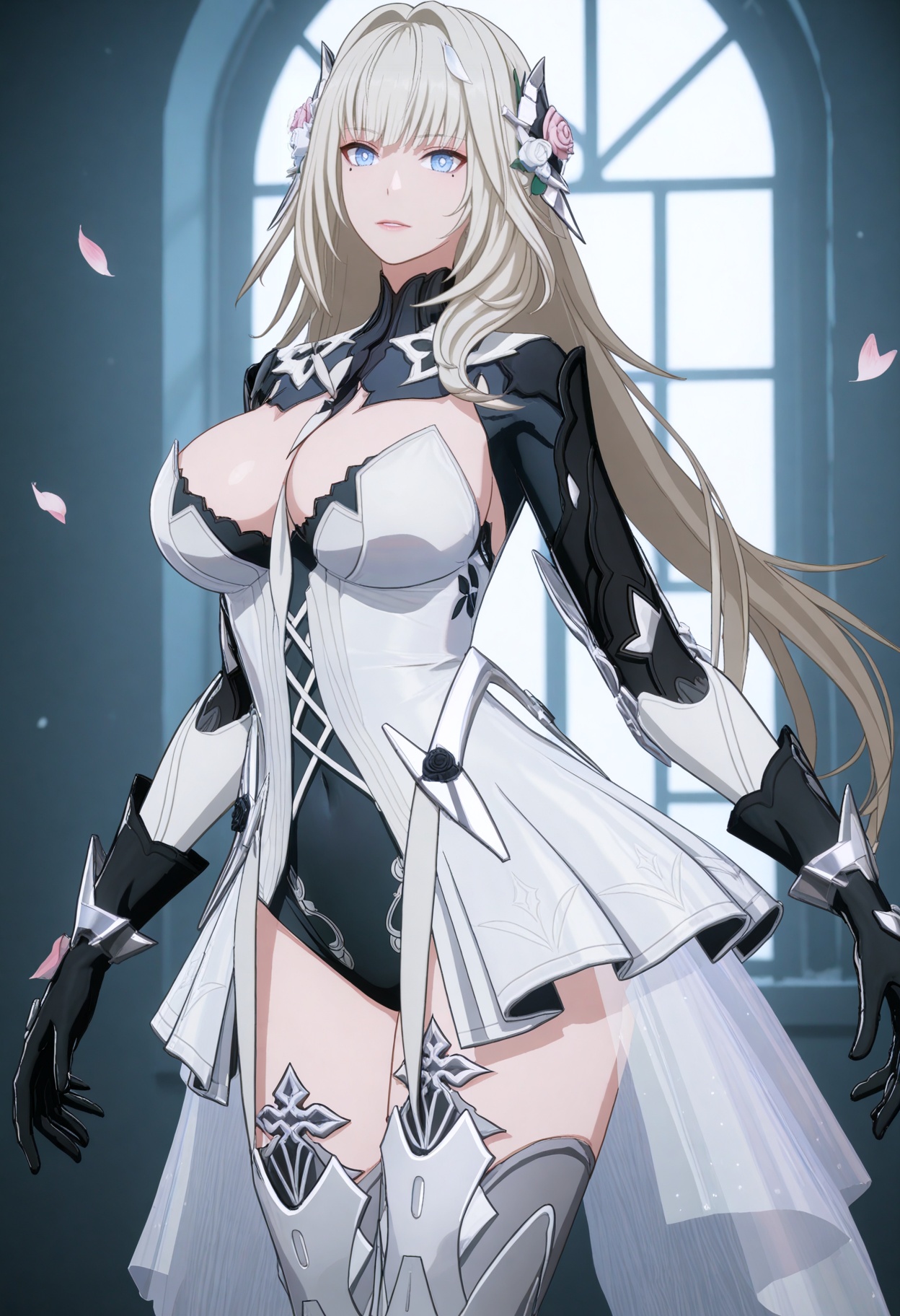 upper_body,(gigantic breasts:0.6),(slender:1.3),(looking_at_viewer:1.1),(masterpiece:1.1),(best quality:1.2),(intricate details),(smog:1.3),(Dark room:1.3),(dim lighting:1.3),peach blossom,falling petals,<lora:YQ_Illustrious光辉v5_战双帕弥什_比安卡深痕_拾梦白菀_V1:0.8>,q1528437228,1girl,solo,long hair,hair ornament,grey hair,dress,hair flower,white dress,blue eyes,gloves,black gloves,leotard,thighhighs,mechanical arms,boots,hair intakes,mole under eye,armor,armored boots,thigh boots,high heels,high heel boots,mechanical legs,showgirl skirt,bodysuit,white footwear,masterpiece,(best quality),(intricate details:0.9) BREAK (intricate details:0.9),(realistic skin:1.2),masterpiece,best quality,newest,absurdres,hiahres,