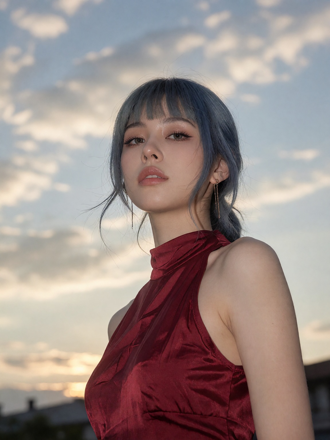 一位年轻女性以低角度仰拍视角呈现,  她身着一件深红色无袖高领连衣裙,  面料带有细腻的褶皱和微弱光泽 on Tensor.Art