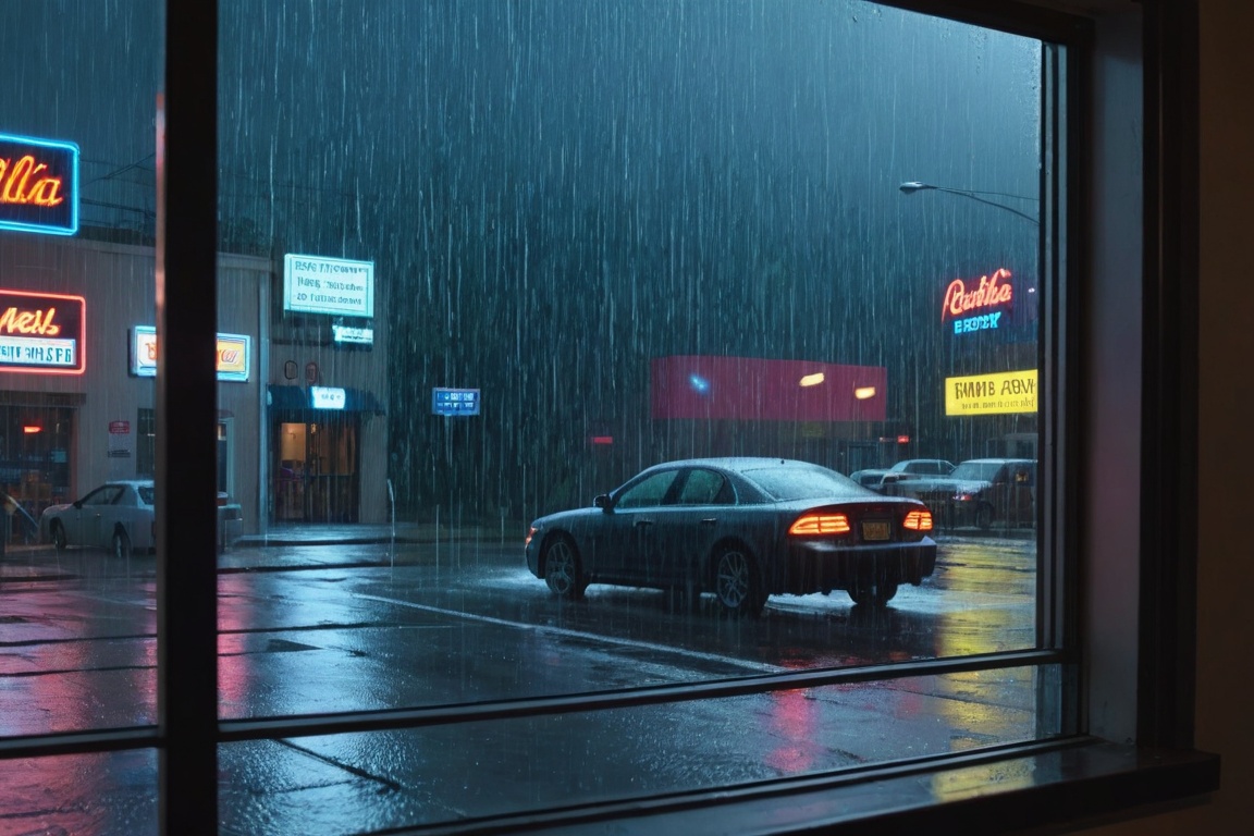 Heavy rain falling outside the window. Rainwater flows down the window. Neon signs,  car lights,  and people moving about...