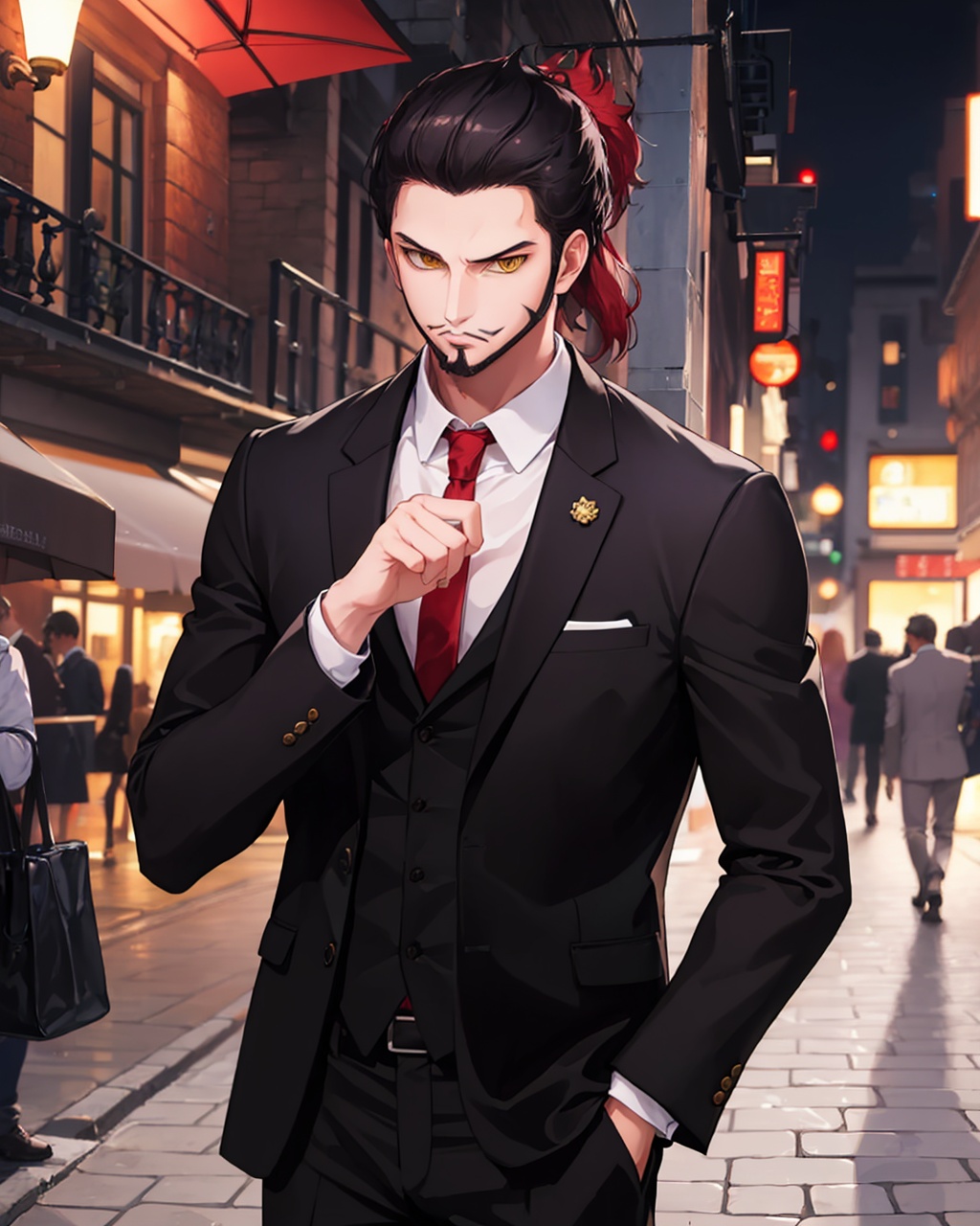 masterpiece,best quality, highly detailed, dracule mihawk,male focus, 1boy, formal, suit, beard, jacket, hand in pocket, red necktie, shirt, gloves, walking,<lora:dracule_mihawk:1>