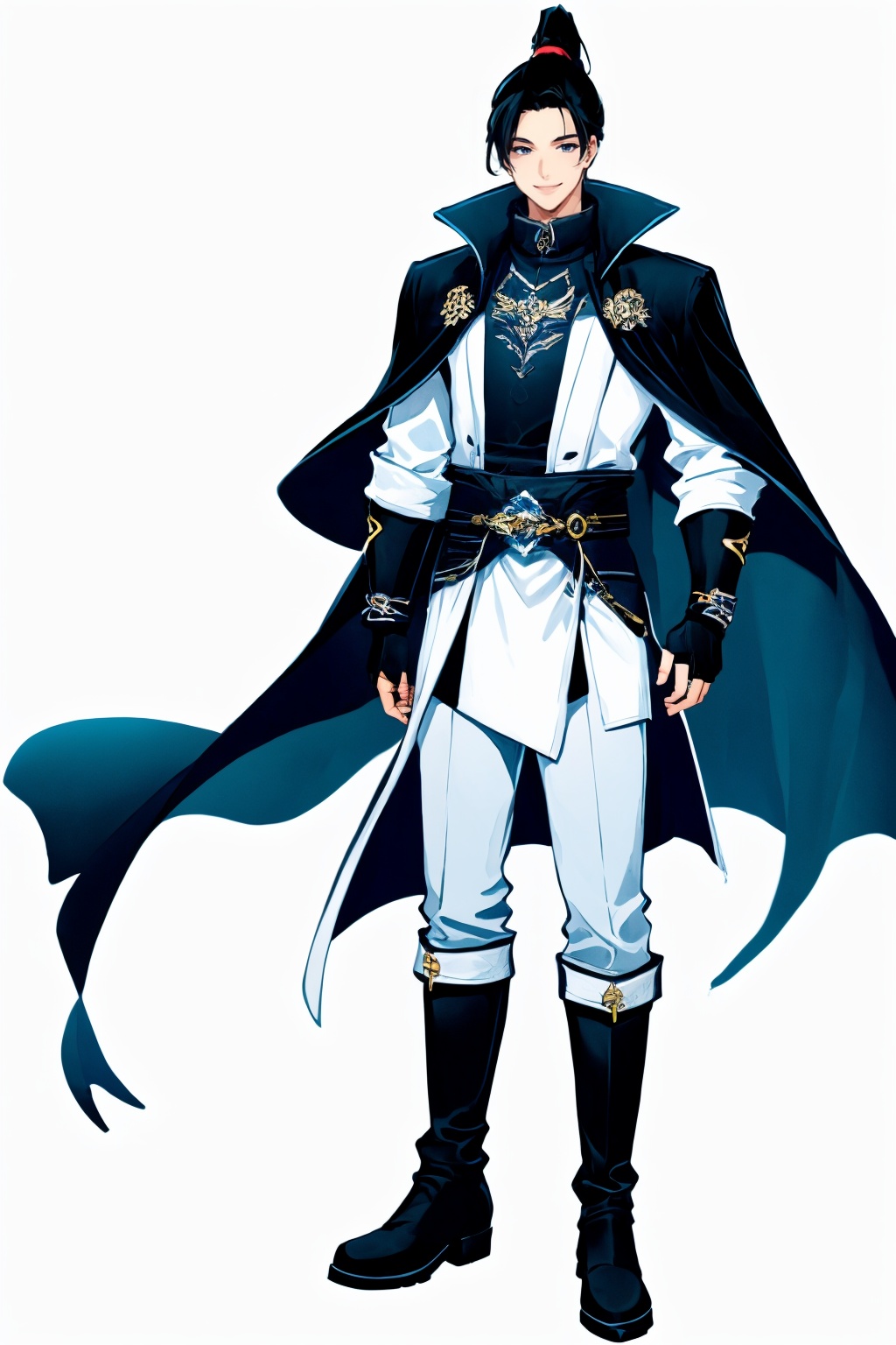 <lora:20250501_AgainGameCharacterLora:1>, 1boy, solo, male focus, white clothes, full body, black hair, ponytail, gloves, fingerless gloves, smile, boots, black footwear, standing, sheath, white background, 