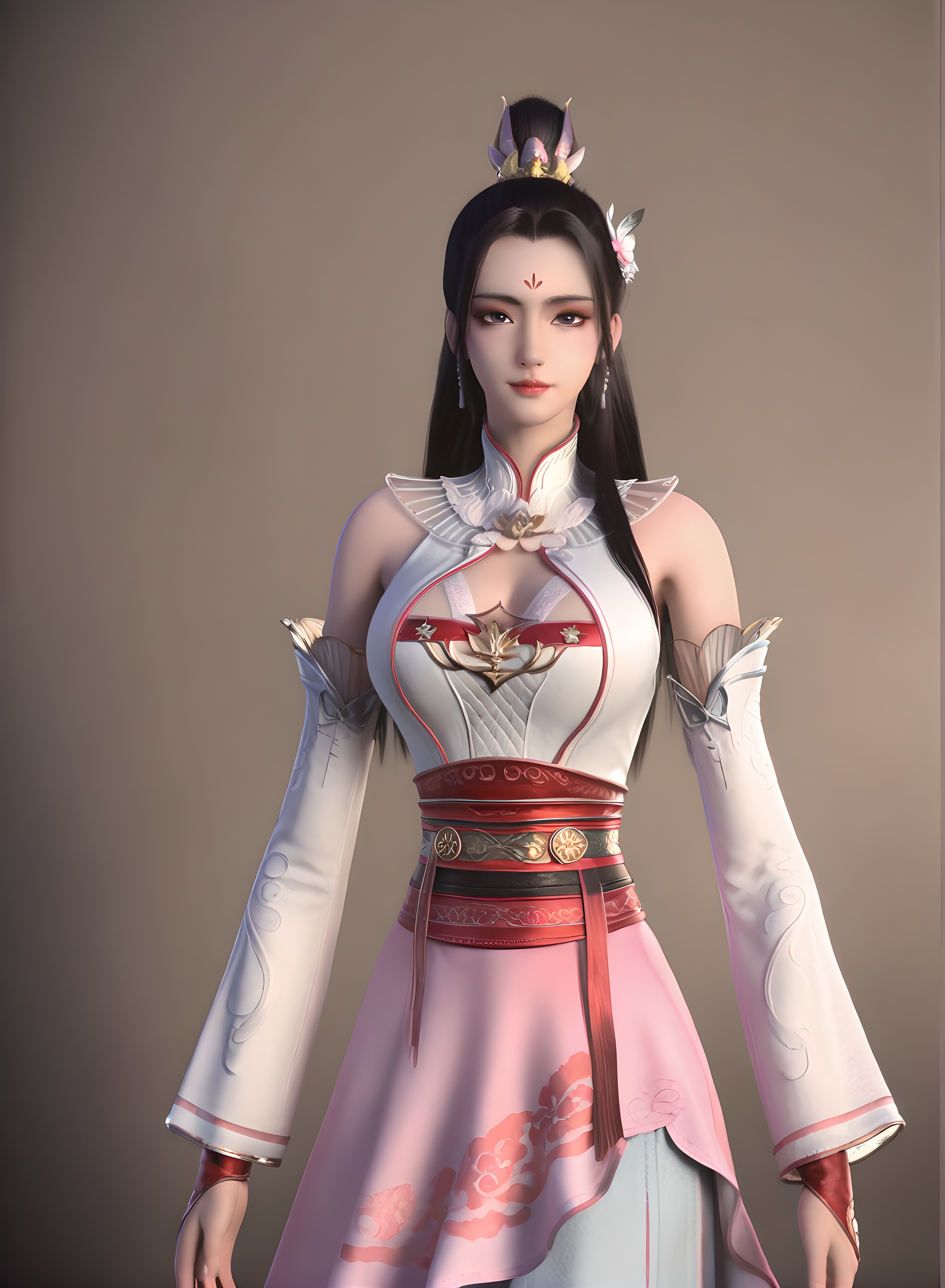 fair_skin,white_skin,Ivory_skin,score_9,<lora:SF_BaiHeiHuai_Pony_Realism-000003:0.7>,hair ornament,dress,black hair,1girl,breasts,large breasts,standing,long sleeves,detached sleeves,facial mark,forehead mark,pink skirt,solo,looking at viewer,simple background,