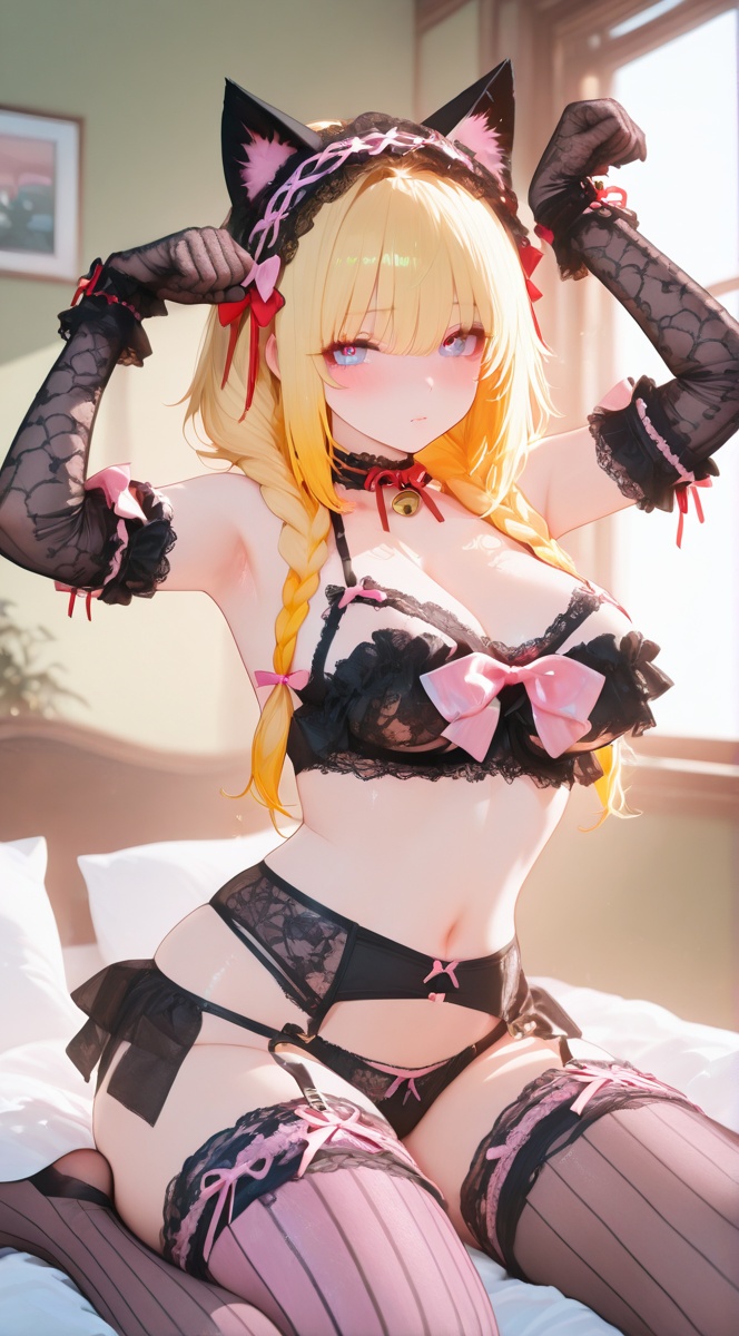 xg1,  black floral lace bra with large central pink satin bow and frilled edges,  matching black lace panties on Tensor.Art