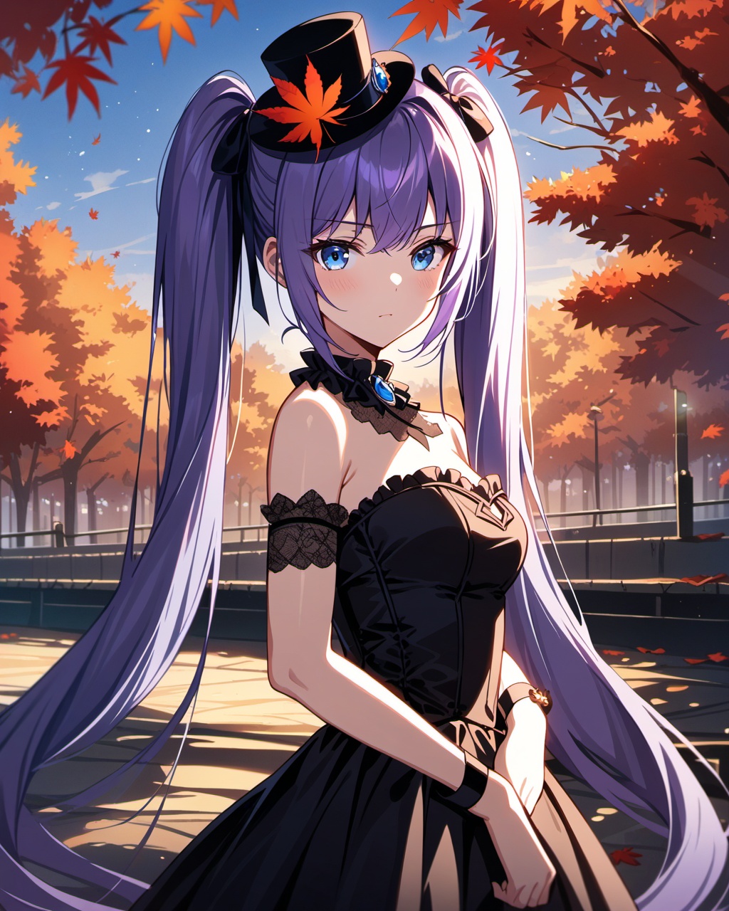 <lora:xiangwan-asoul-a3d:0.4>,ray tracing,very aesthetic,aesthetic,amazing quality,best quality,hight,hight quality,masterpiece,highres BREAKVolumetric Lighting,Cinematic Lighting,background light,moody lighting,dusk,1girl,solo,long hair,blue eyes,purple hair,very long hair,black mini top hat,black strapless dress,hat,twintails,bangs,strapless dress,stage,upper body,harbor,(autumn maple forest:1.3),(very few fallen leaves),(path),looking_at_viewer,