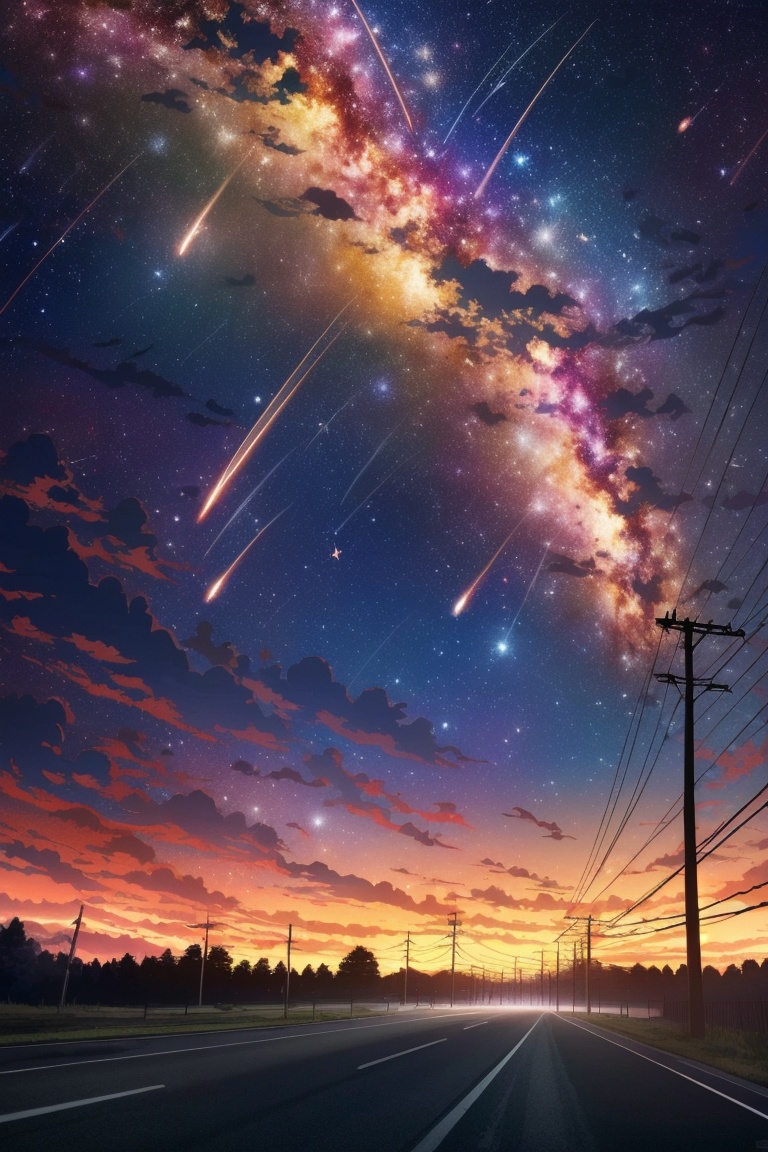 ((HRD, HUD, 8K)),((masterpiece, best quality)), highly detailed,CosmicStarrySky, scenery, sky, no humans, star (sky), outdoors, power lines, starry sky, cloud, utility pole, night, night sky, shooting star, sunset, ﻿ <lora:20240520-1716210668481:0.8>