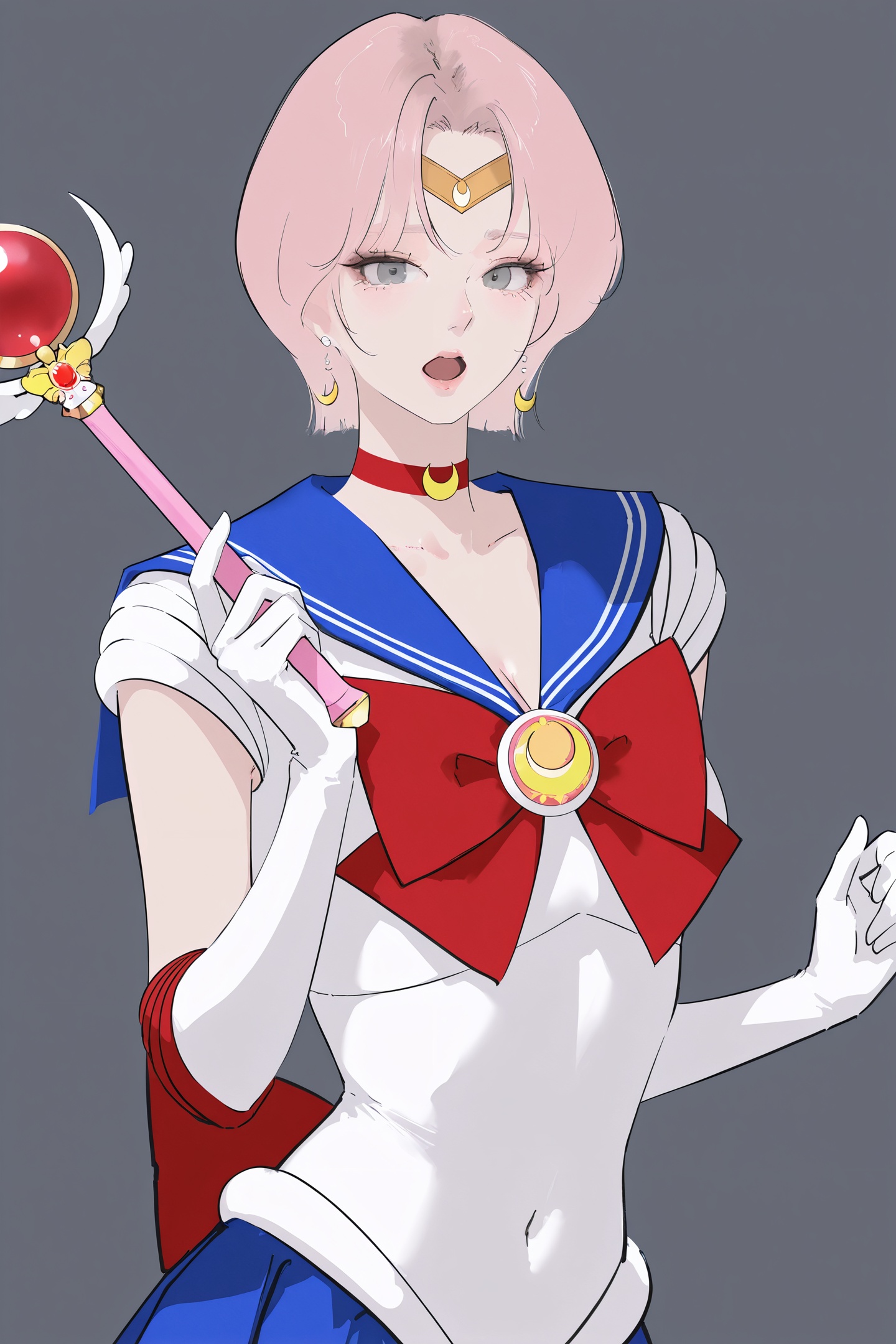 Chikitama Style,1girl,sailor senshi uniform,sailor moon,gloves,solo,white gloves,red choker,holding,open mouth,blue sailor collar,sailor collar,elbow gloves,choker,red bow,holding wand,wand,magical girl,short hair,cosplay,bow,crescent,pink hair,short sleeves,blonde hair,looking at viewer,circlet,covered navel,red bowtie,upper body,grey eyes,bowtie,sketch,<lora:Chikitama_illustriousXL:1>,