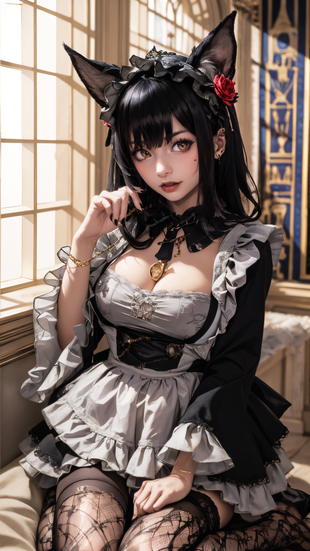 tutututu,1girl,solo,Kuroe Shizuku,lolita fashion,apron,pantyhose,gothic lolita,black dress,frills,hair flower,hair ornament,chain leash,black nails,wide sleeves,lace trim,long sleeves,rose,black footwear,black necktie,maid,fishnets,maid headdress,detached collar,red flower,thighhighs,hairband,chain,floral print,lolita hairband,garter straps,black thighhighs,lace,<lora:Kuroe Shizuku_Lolita-000007:0.5>,(masterpiece, top quality, best quality, official art, beautiful and aesthetic:1.3), (1girl:1.3), extreme detailed, colorful, highest detailed,((ultra-detailed)), (highly detailed CG illustration), ((an extremely delicate and beautiful)), cinematic light, petite, anubis attire, solo, (abstract art:1), full body, moon, night, ((ancient egyptian theme)), (anubis ears), pyramids, staff, (gold), golden ornaments, ((expressionless)), pharao, hierography, portrait, body tattoo, face tattoo, active pose, over head lighting, fangs, glowing eyes, sitting, relics,