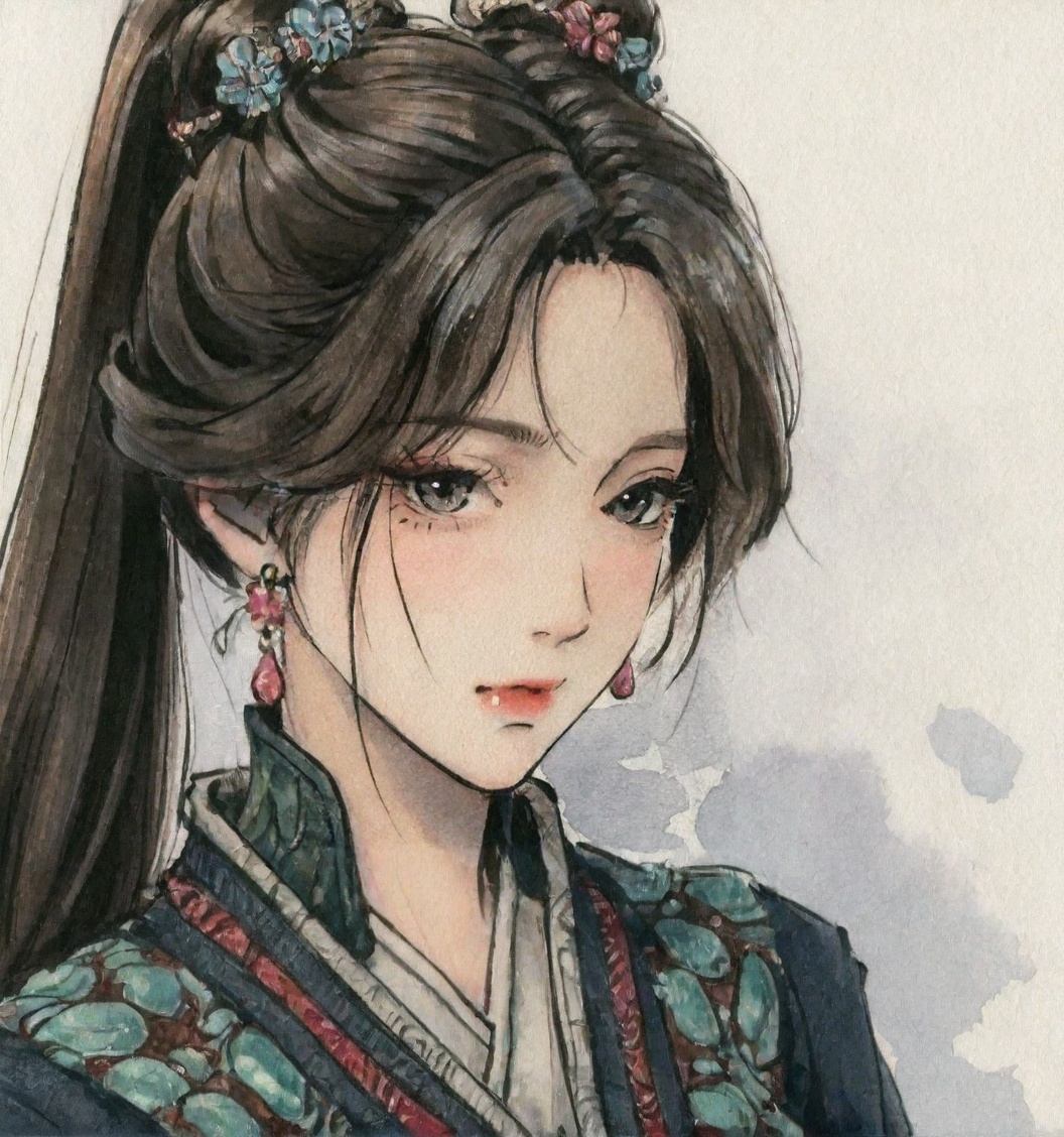 ((very awa)),solo,highly detailed,(best quality),((masterpiece)),1girl,chi,<lora:鸽正则nbXL:0.3>,ge,<lora:chi正则100nbXL:0.8>,traditional media,painting \(medium\),watercolor \(medium\),looking_at_viewer,large breasts,<lora:梅凝新nbXL:0.7>,meining,jewelry,earrings,hair ornament,ponytail,kawaii,bishoujo,