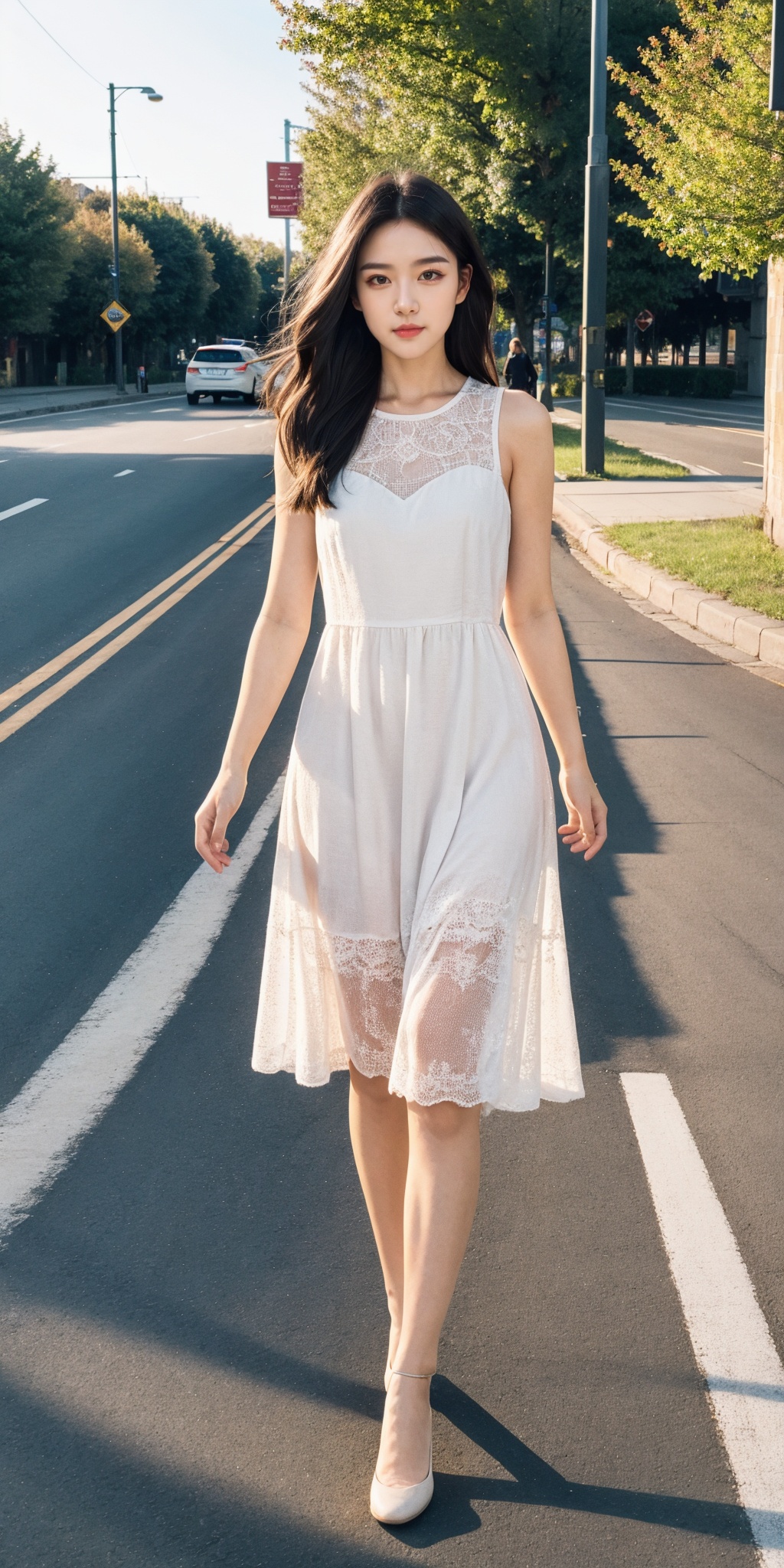 1girl, outdoors, long hair, looking at viewer, realistic, black hair, walking, photorealistic, road, dress, full body,
