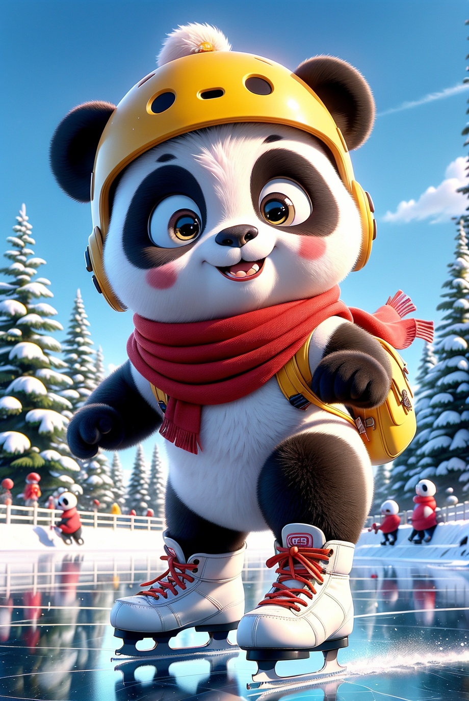 C4D,3d style,UIAIP, panda, a panda bear skating on a rink in a cartoon style with a helmet and scarf on, with trees in the background,<lora:UIApandaip:0.7>,