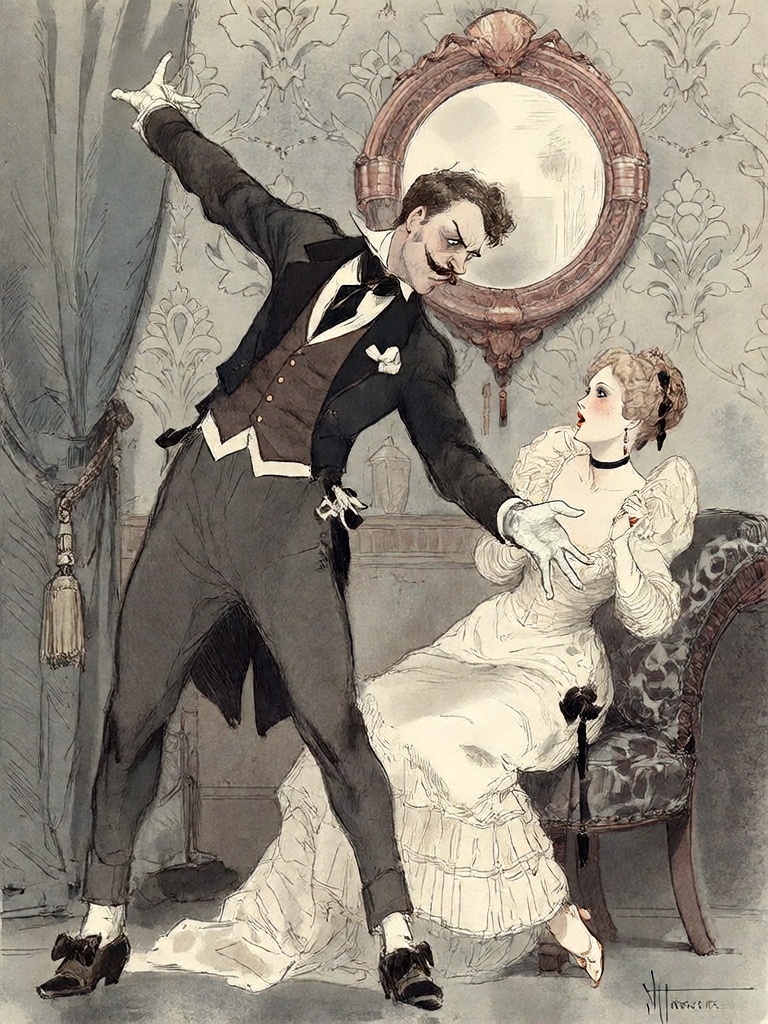 Bradhamel art style.**** A detailed black-and-white sketch of a dramatic Victorian-era scene featuring a man in formal dar...