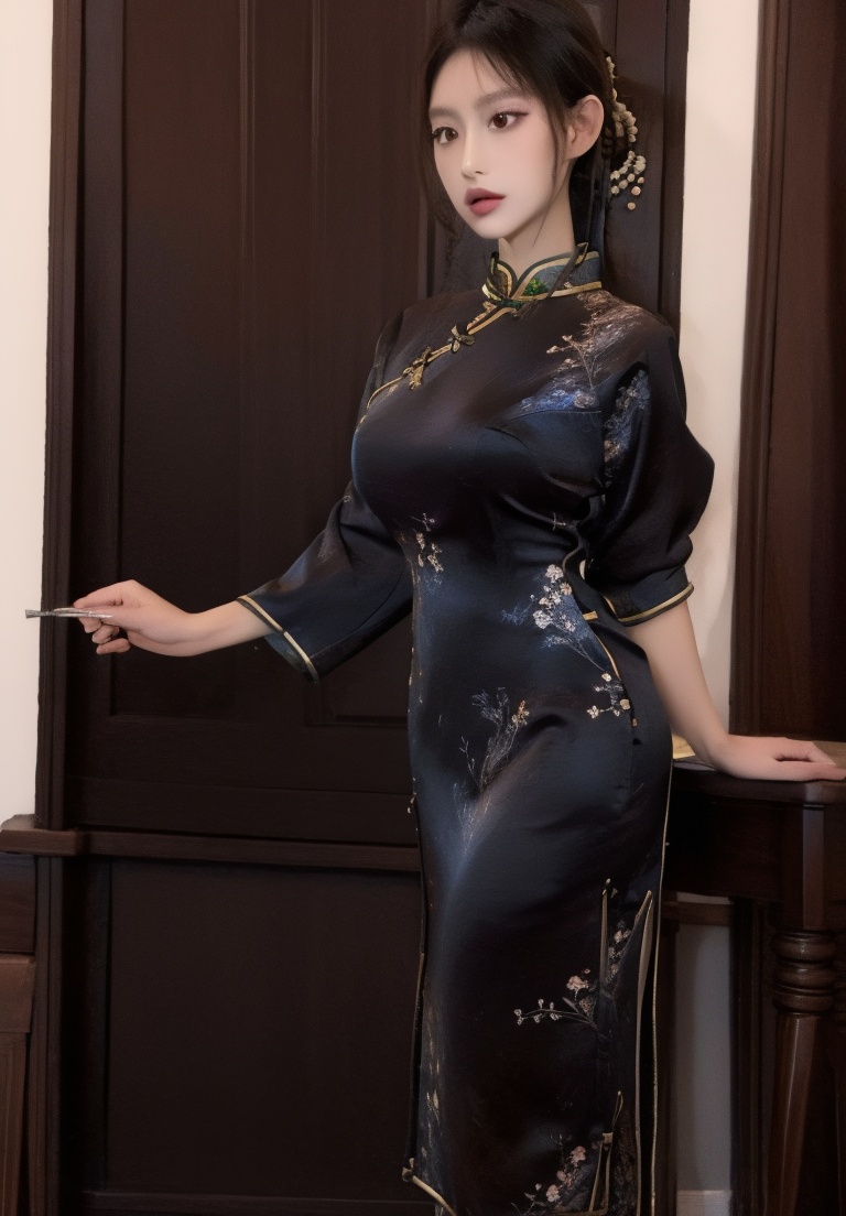 (best quality:1.4),(masterpiece:1.3),finely detailed,big breasts,1girl,solo,standing,<lora:性感黑丝绣花旗袍制服套装15-000008:0.75>,china dress,chinese clothes,dress,floral print,(cowboy_shot:1.2),(front view),<lora:完美纯欲少女脸型-000006:0.75>,