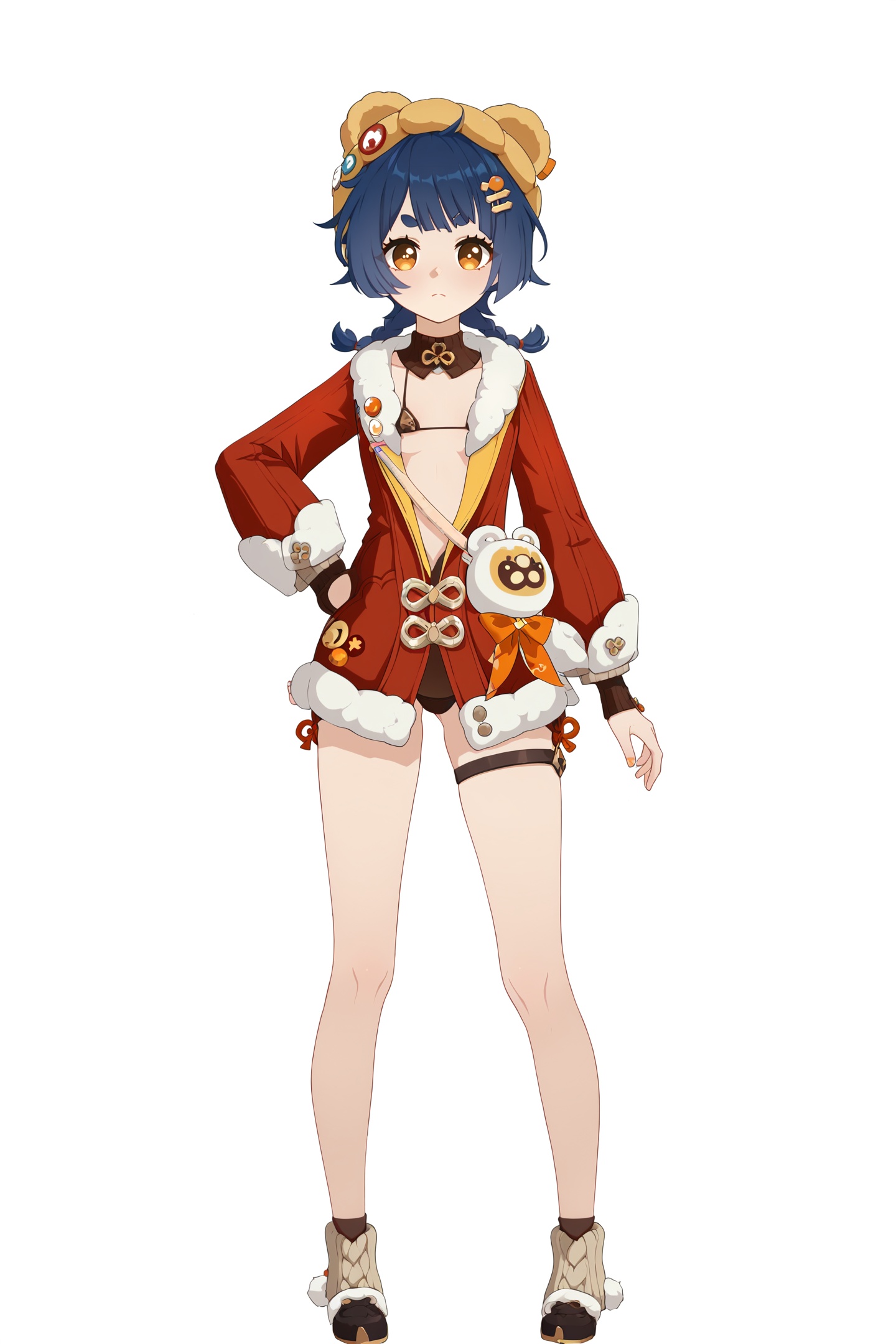 score_9,score_8_up,score_7_up,score_anime,8k,best quality,masterpiece,(ultra-detailed),(high detailed skin),(by nanoless, by misumi \(macaroni\),:0.5),<lora:YLI 0.1v:0.25>,<lora:style1:0.25>,A full-body portrait of a young girl,standing gracefully,pastel art style,high-key lighting,shoujo manga influence,hd quality,delicate details,full body,full shot,standing,looking at viewer,(solo:1.2),simple background,white background,hand on own hip,<lora:huxiang-pony-Tanger-000018:0.8>,xiangling \(New Year's Cheer\) \(genshin impact\),(micro bikini:1.1),1girl,hat,hair ornament,bangs,braid,hairclip,bare legs,bandaid,