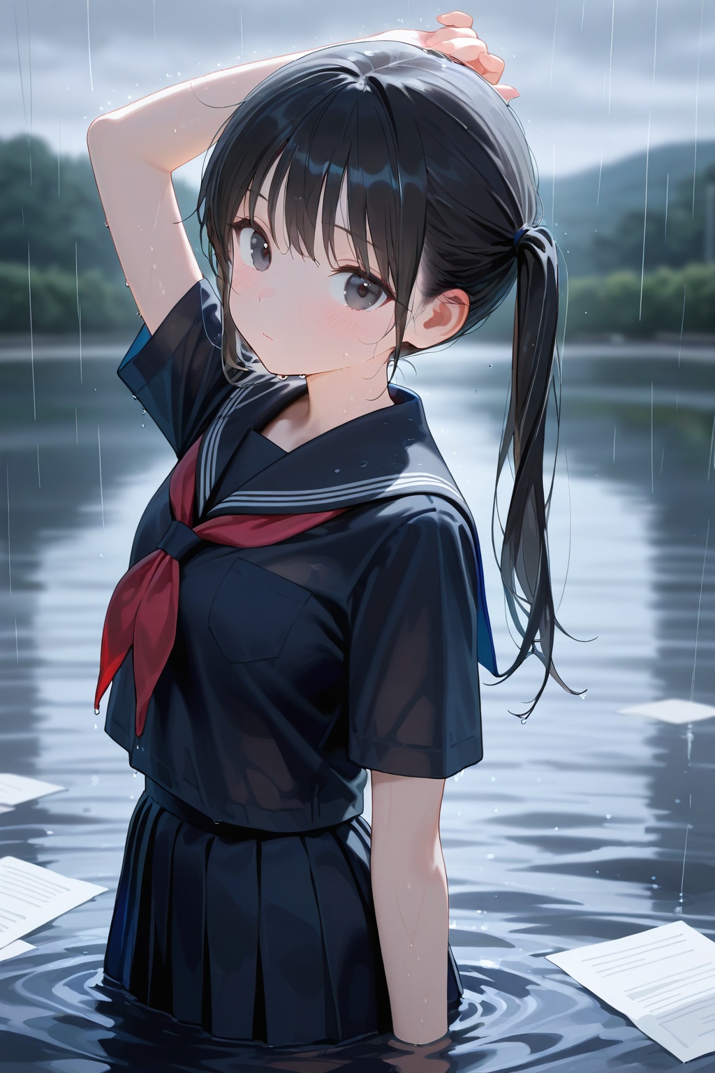 best quality,amazing quality,very aesthetic,1girl,school uniform,skirt,black hair,solo,serafuku,rain,red neckerchief,outdoors,neckerchief,black serafuku,black skirt,black eyes,paper,sailor collar,pleated skirt,short sleeves,shirt,water,blurry,looking at viewer,black shirt,standing,blurry background,twintails,closed mouth,wading,long hair,black sailor collar,arm up,wet,overcast,