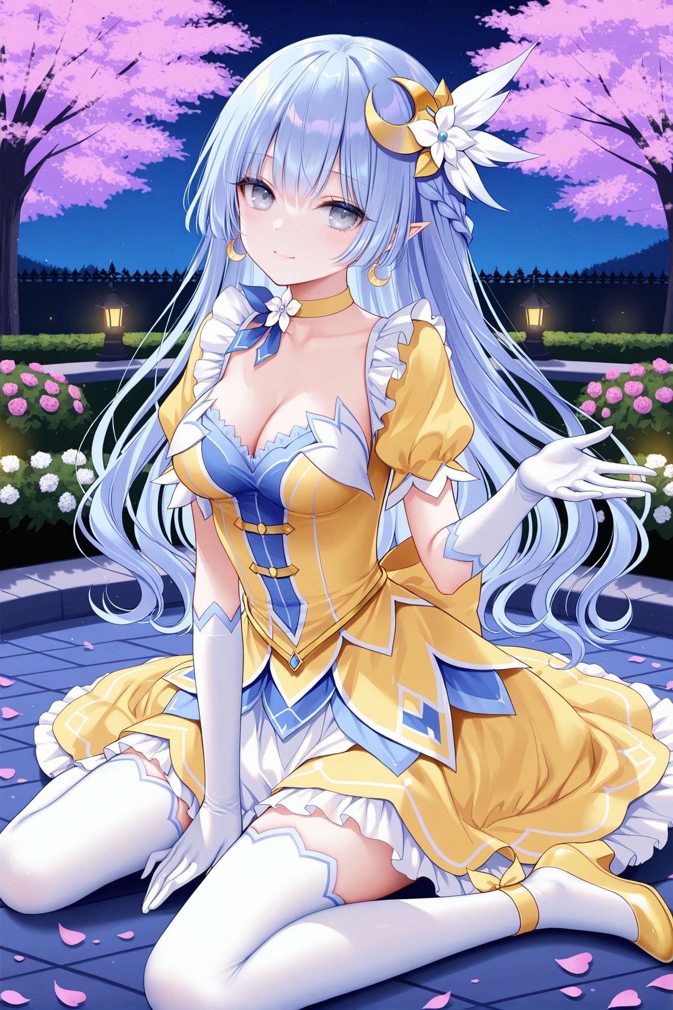 masterpiece, best quality, newest, absurdres, highres,(chen bin: 0.5),(hiten \(hitenkei\):0.4),(rimuu:0.5),(mignon:0.5),(sheya:0.6), izayoi miku(elf), 1girl,solo, long hair, crescent hair ornament, hair ornament, blue hair, grey eyes, choker, elbow gloves, yellow dress, yellow footwear, puffy short sleeves,white thighhighs, full body, smile,cherry trees,outdoors, garden,night,wariza, outstretched hand, <lora:izamikuXLNAI-000010:1>