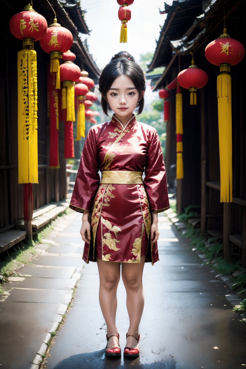 <lora:ChineseNewYear:0.8>, chinese new year, girl, (smirk:-0.4), short hair, arms at sides, red chinese clothes, paper lantern, full body, leather shoes, (chibi:0.5),