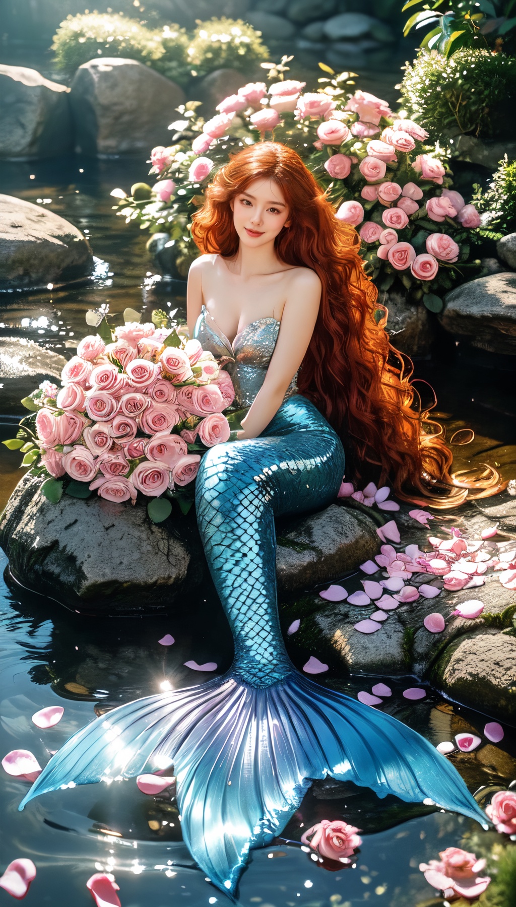 kinghere mryhh,1girl,solo,blue mermaid,long hair,breasts,looking at viewer,smile,bare shoulders,medium breasts,sitting,flower,red hair,outdoors,water,orange hair,petals,rose,wavy hair,sunlight,pink flower,rock,bouquet,scales,mermaid,head fins,pink rose,,<lora:kinghere mryhh:1>, cinematicstunning contrasts and shadow,introspection,8k,Photography,super detailed,hyper realistic,masterpiece,Depth of field,bright color,Super lightsensation,caustic,