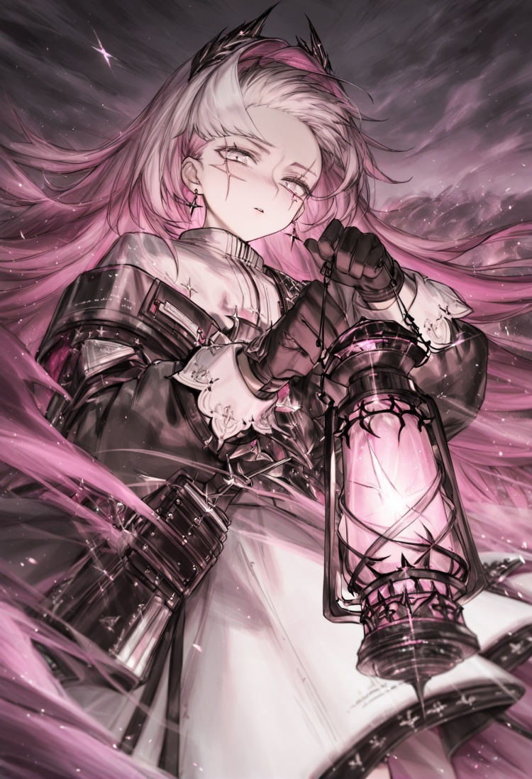 best quality, masterpiece, 1girl, solo, irene \(arknights\), gloves, scar across eye, black gloves, long hair, lantern, holding, scar, weapon, grey hair, sword, scar on face, grey eyes, parted lips, looking at viewer, holding lantern, head wings, long sleeves, jacket, black jacket, earrings, pink hair, jewelry, skirt<lora:rsefXLlokr4f-000143:0.95>