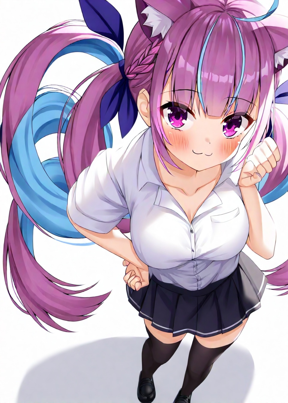 1girl,virtual youtuber,long hair,minato aqua,solo,multicolored hair,animal ears,skirt,thighhighs,cat ears,two-tone hair,shirt,purple eyes,purple hair,twintails,white shirt,looking at viewer,blue hair,braid,ahoge,short sleeves,black skirt,pleated skirt,streaked hair,hair ribbon,colored inner hair,alternate costume,ribbon,hand on own hip,black footwear,collared shirt,shoes,blush,smile,black thighhighs,closed mouth,white background,zettai ryouiki,blue ribbon,breasts,standing,miniskirt,:3,collarbone,foreshortening,