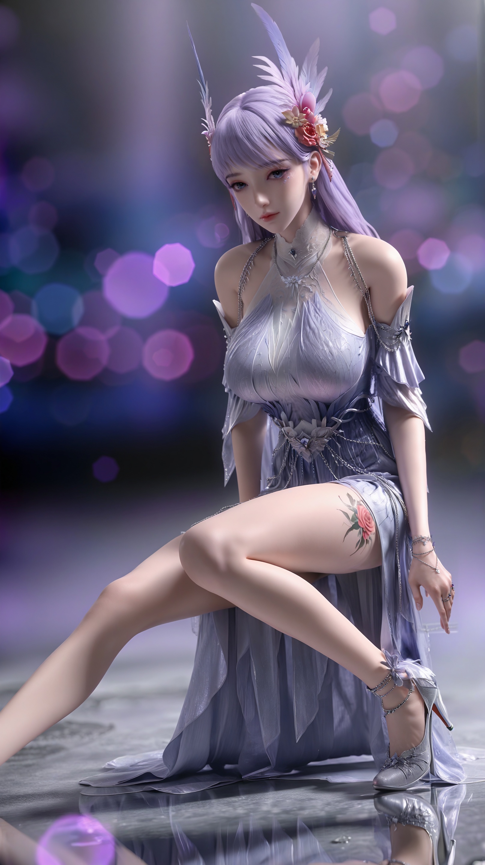 <lora:Jlzy-林紫玥-氪金玩家-天海光辉:0.8>,<lora:illustriousXLv01_stabilizer_v1.185c光辉细节增加:0.4>,Jlzy,1girl,solo,bangs,lavender hair,fluttering hair,bare shoulders,blue eyes,blurry background,bracelet,big breasts,closed mouth,full_shot,pale_skin,dress,earrings,lavender eye shadow,feather hair ornament,feathers,hair ornament,jewelry chain decoration on clothes,jewelry,clothes have complex textures,lips,long hair,looking at viewer,necklace,ring,sleeveless,gray high heels,long legs,(purple gradient color background:1.2),(simple background:1.2),lens flare,reflective ground,calf red rose tattoo,, photorealistic,masterpiece,best quality,cinematic lighting,