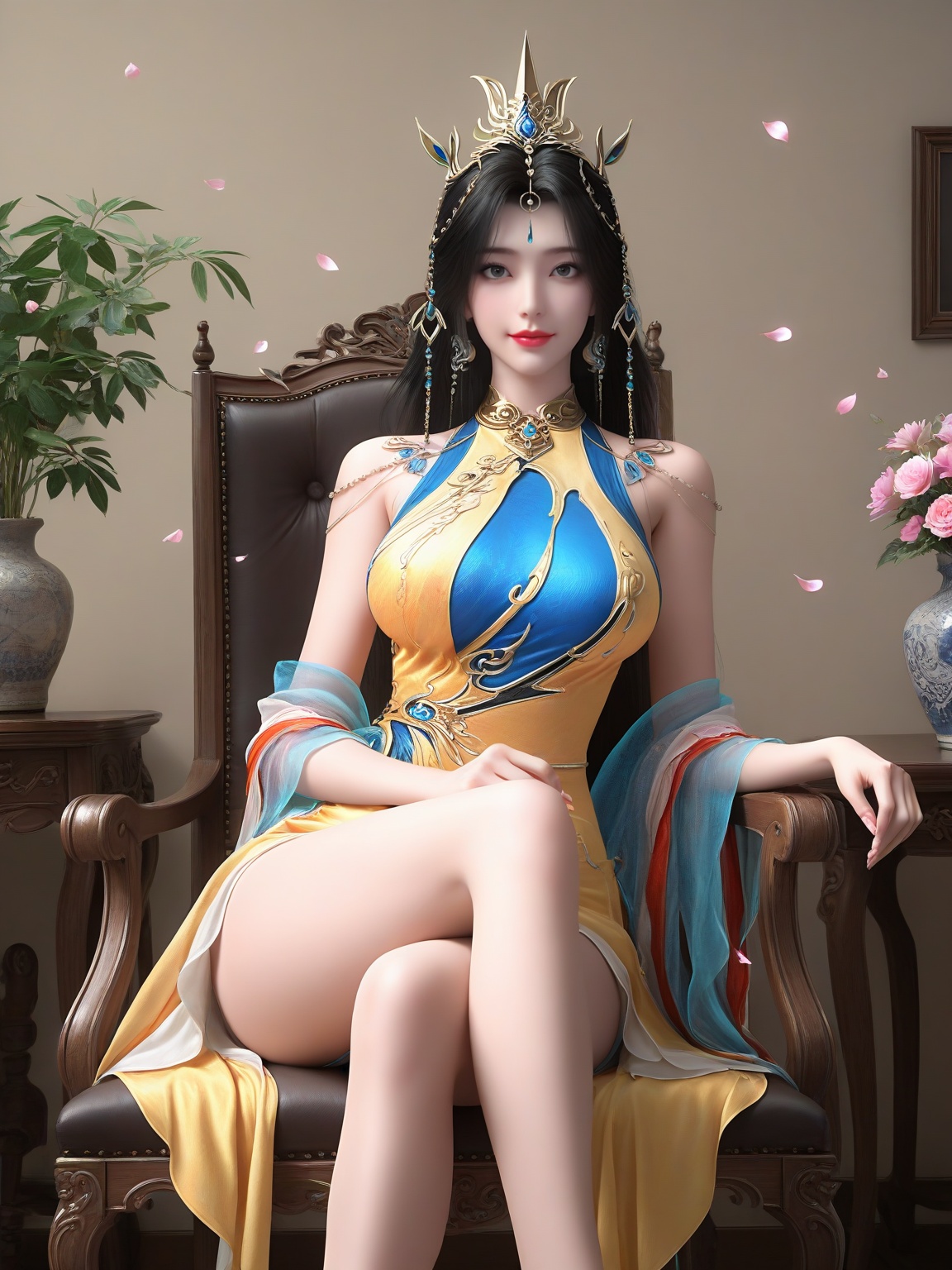 masterpiece,ultra-HD,photorealistic,high detail,best quality,8k,best quality,sharp focus,ray-tracing,1girl,breasts,large breasts,long hair,hair ornament,black hair,soft smile,lipstick,dress,bare legs,falling petals,eyelashes,solo,looking at viewer,sitting,chair,enchanting expression,red lips,Flower Potted Plants,<lora:SF_HuangNv_ILv4050_Real-000004:0.75>,