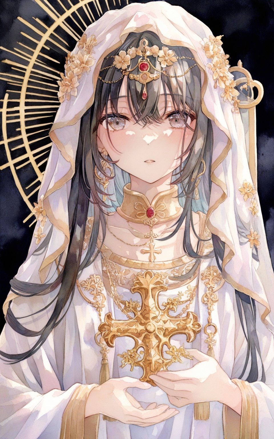 watercolor,a woman dressed in a white robe adorned with gold embroidery and a cross on her head. The woman's face is obscured by a white veil,adorned with a golden cross,adding a touch of warmth to the scene. The background is a deep black,creating a stark contrast to the woman's white robe. The sun is shining through the veil,adding depth to the composition.,