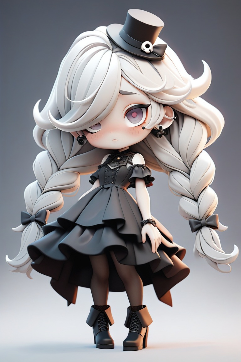 masterpiece,best quality,ultra-detailed,finely detail,highres,UHD,fine details,cinematic,2girl,pale skin,skinny,thin,white hair,gradient hair,mullet,twin braids,(hair over one eye),very long hair,two ,no sclera,upturned eyes,shy,makeup,symmetrical body,correct facial features,looking at viewer,full dress,evening gown,frilled shirt,mini top hat,hat bow,gothic lolita,lace,socks,high heel boots,clean background,the low-purity tone,gothic,volumetric light,cold light,symmetrical the composition,C4d,3D rendering,clay material,chibi,character design,Gothic gloomy,retro dark vintage Jellyfish character image, (masterpiece,best quality:1.2)