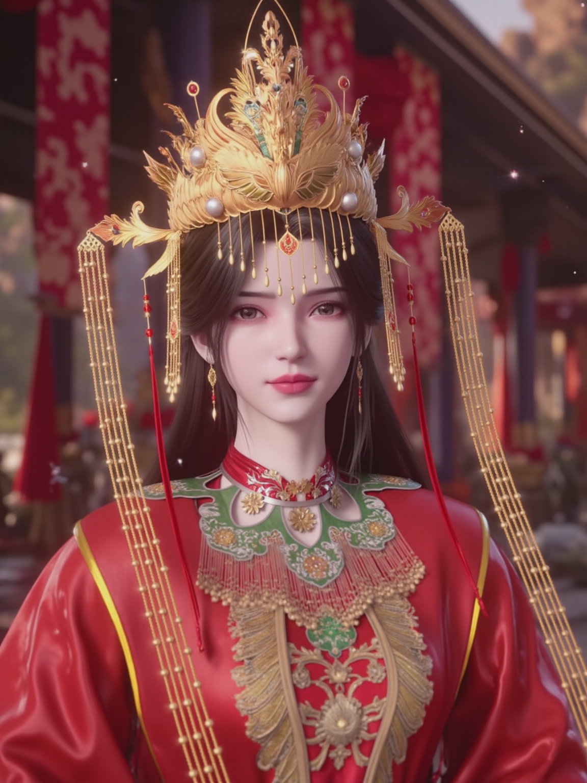 limuwan,Very realistic style,HD photography style,wears an ornate headpiece adorned with gold,pearls,and red beads,red dress boasts,outdoors,