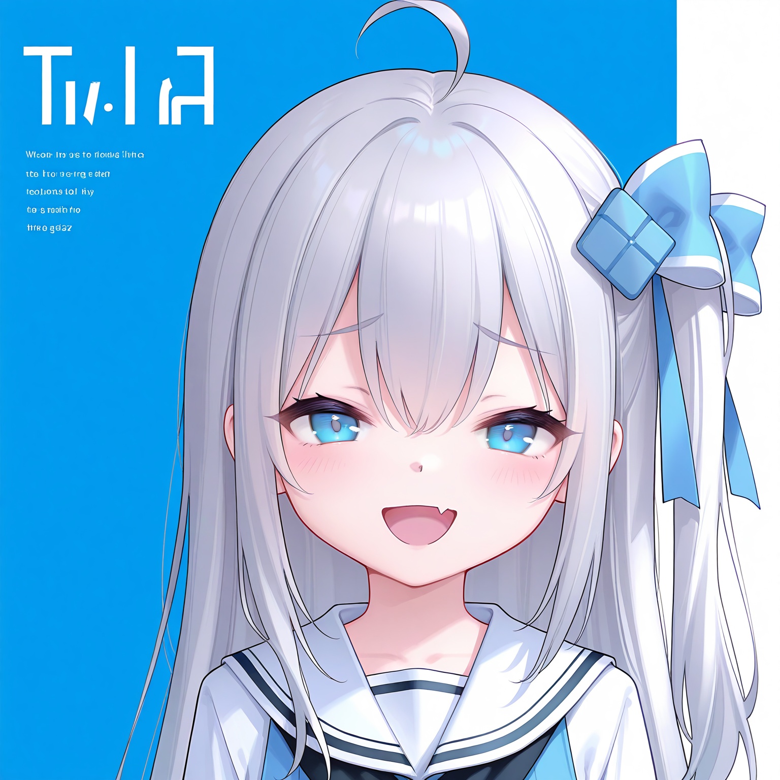 Blue background,masterpiece,very aware,highres,absurdres,newest,best quality,loli,petite,high quality,chromatic_aberration,//,madobe ichika,1girl,blue eyes,ahoge,fang,solo,long hair,looking at viewer,open mouth,hair bow,bow,simple background,virtual youtuber,white background,sailor collar,blue bow,smile,white sailor collar,black neckerchief,white hair,skin fang,grey hair,neckerchief,english text,blush,shirt,portrait,hair ornament,one side up,serafuku,white shirt,school uniform,smug,sidelocks,hair between eyes,//,photorealistic,Artist:na-ga,(quasarcake:0.2),(wanke:0.9),[Artist:chen bin],Artist:tidsean,[Artist:sk (askzy)],(artist:tokkyu:0.5),(artist:momoko \(momopoco\):0.5),himitsu_(hi_mi_tsu_2),//,<lora:nyalia22——【noob】hans:0.4>,<lora:loliwin11——【noob】hans:1>,