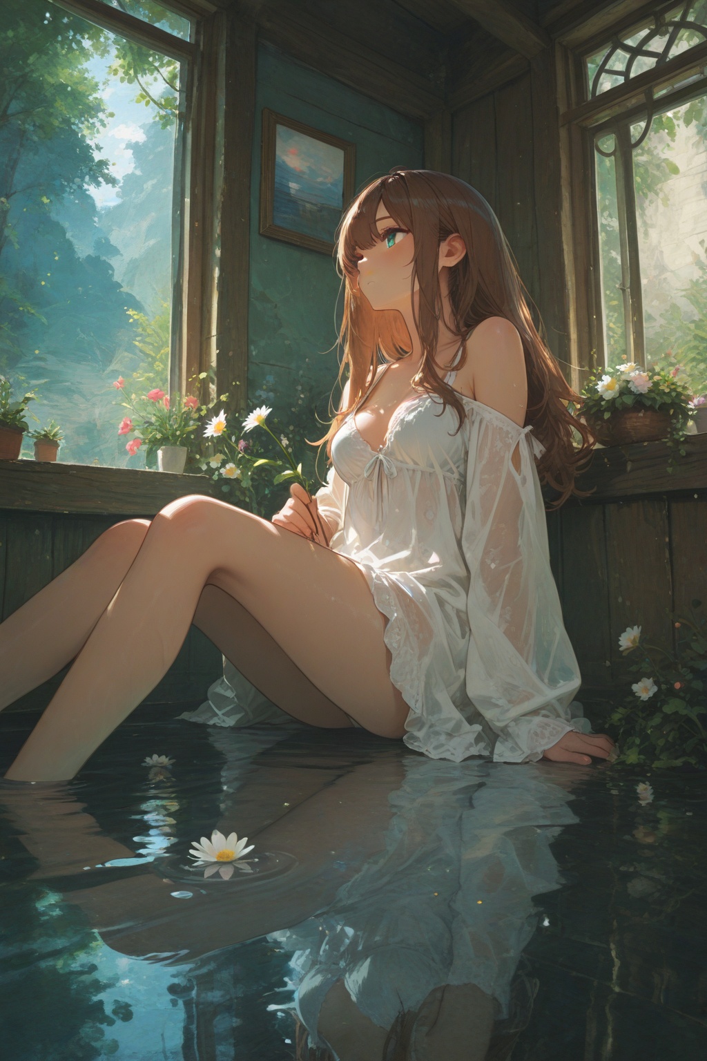 masterpiece,impressionism,1girl,sitting,medium breasts,The water reflects the reflection,and an enticing aroma fills the air,with a flower as the focal point.,