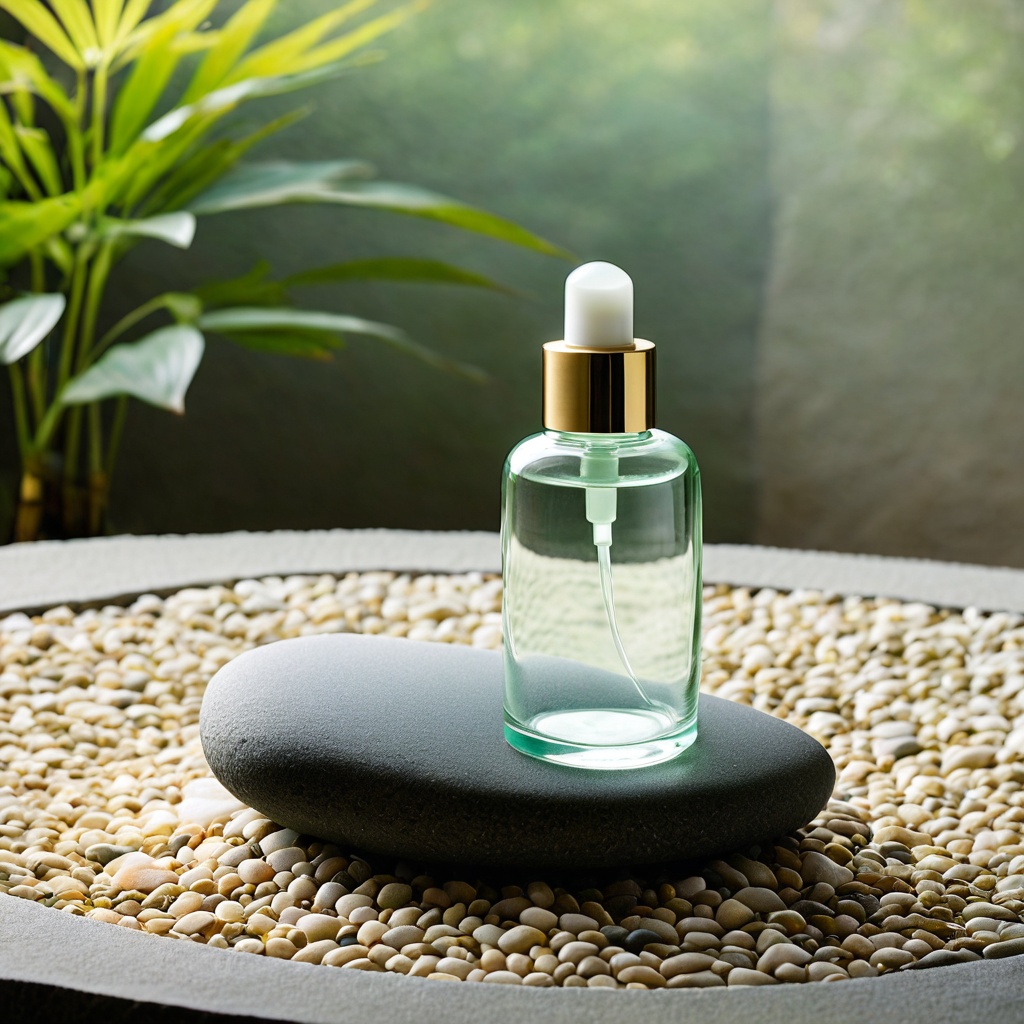 scenejapanzen,  a glass skincare bottle,  Japanese zen garden stone table on Tensor.Art