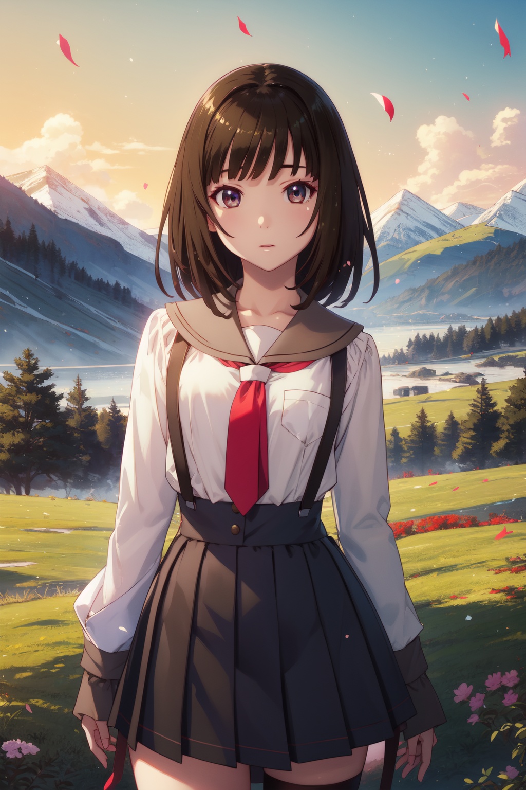 <lora:Nadeko-000013:0.8>,Nadeko cyql,1girl,looking at viewer,solo,brown hair,medium hair,blunt bangs,brown eyes,school uniform,long sleeves,necktie,high-waist skirt,suspender skirt,sailor collar,shirt,red necktie,white shirt,Dopey, Wide-eyed, slack-jawed, and with a goofy expression.,panorama,beautiful face,beautiful eyes,glossy skin,shiny skin,Meadow, Flowers, Mountains, Grass, Bees, Colors, Serenity, Breeze,(Bougainvillea, Citrus trees, Terracotta pots, Fountain, Mediterranean architecture, Warm breeze:0.6),beautiful detailed sky,beautiful detailed glow,posing in front of a colorful and dynamic background,masterpiece,best quality,beautiful and aesthetic,contrapposto,female focus,wallpaper,fashion,